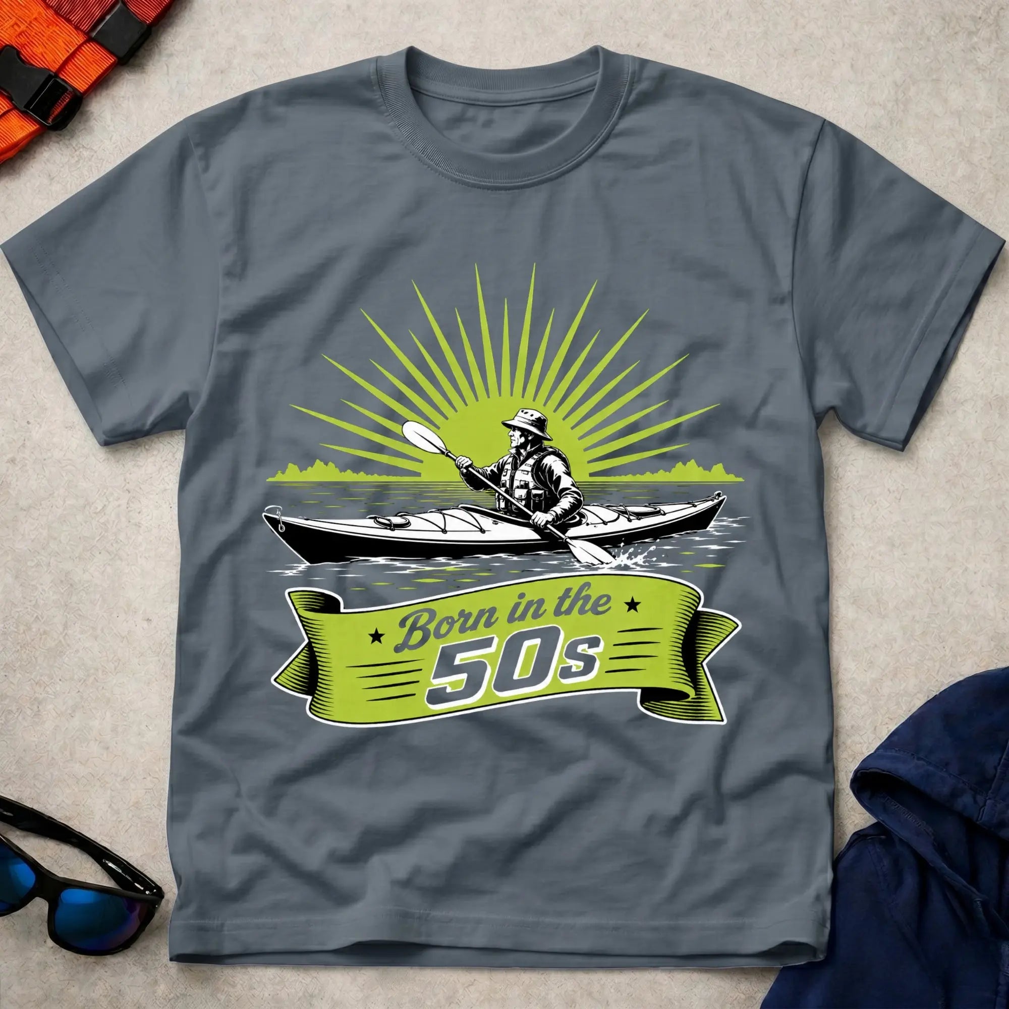 Born In The 50s – Sunrise Edition kayaker illustration tee in Dark Heather | Vector Paddle