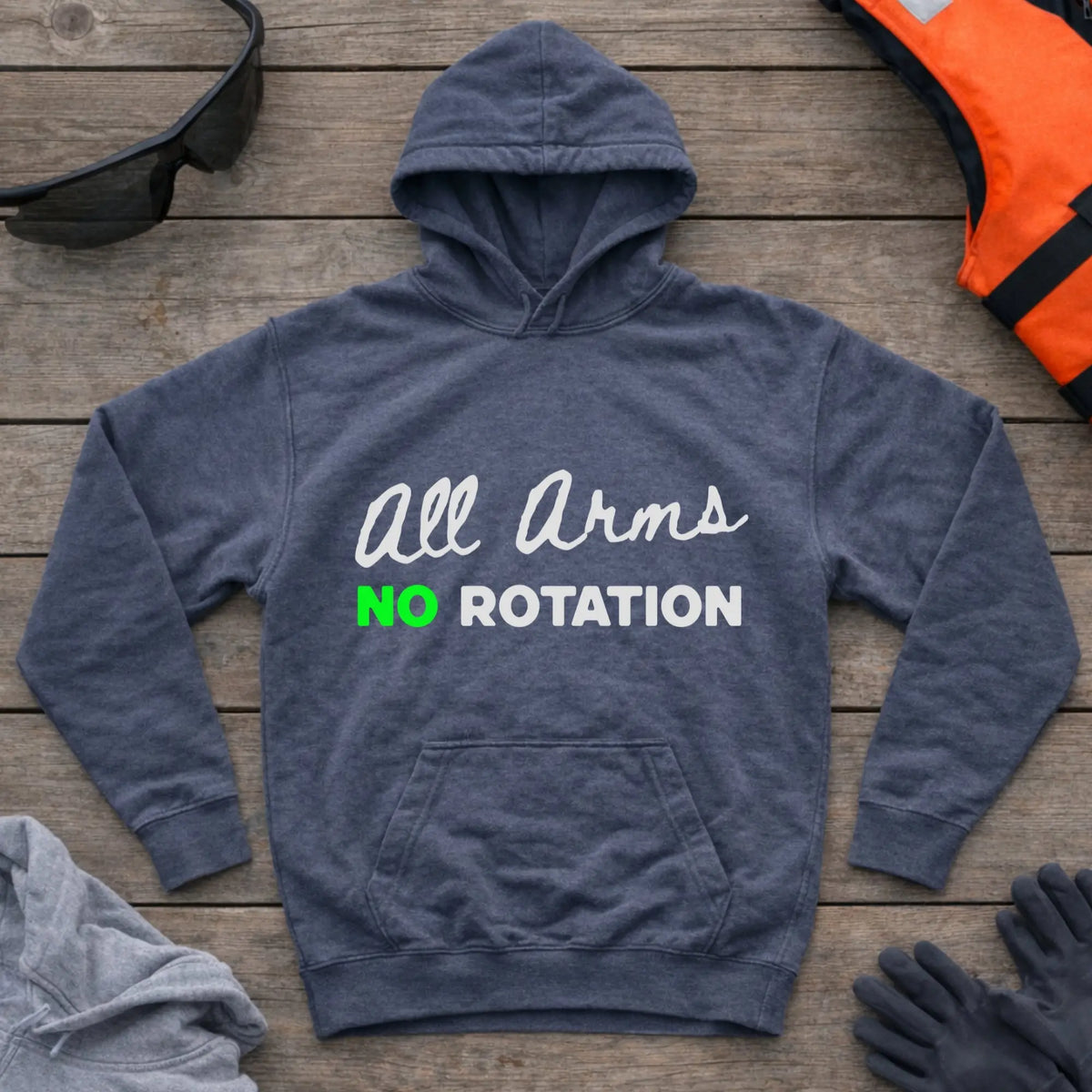 All Arms No Rotation hoodie in Dark Heather — paddling technique humour design — Vector Paddle