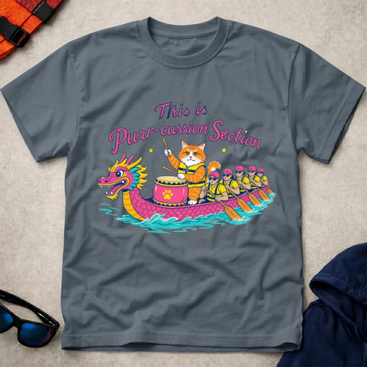 Dark Heather Purr-cussion Section dragon boat drummer cat tee — Vector Paddle