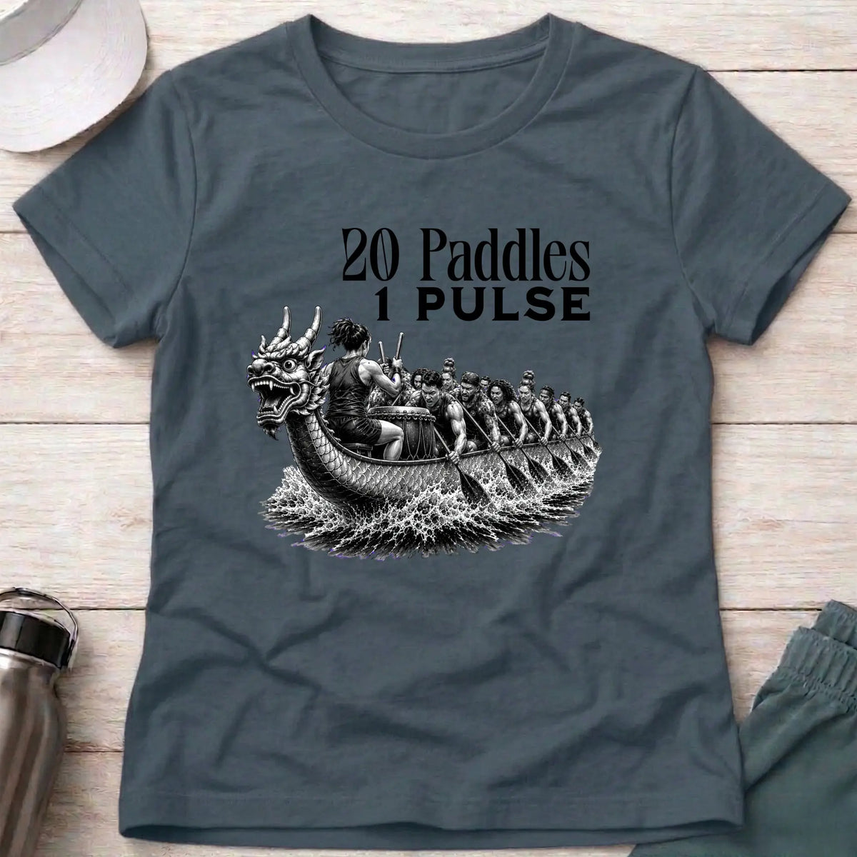20 Paddles 1 Pulse fitted tee in Dark Heather — engraved-style dragon boat racing graphic — Vector Paddle