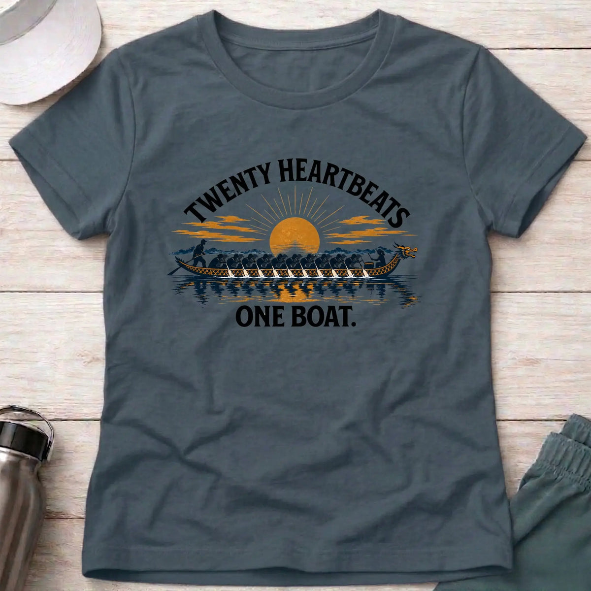 Twenty Heartbeats One Boat fitted tee in Dark Heather — dragon boat racing unity design — Vector Paddle