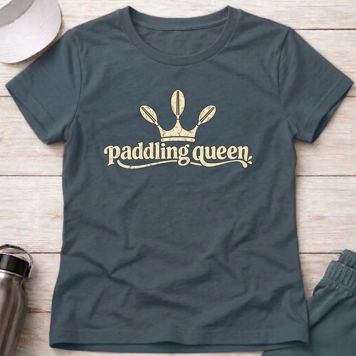 Dark Heather Paddling Queen fitted tee — confident female paddler gift — Vector Paddle