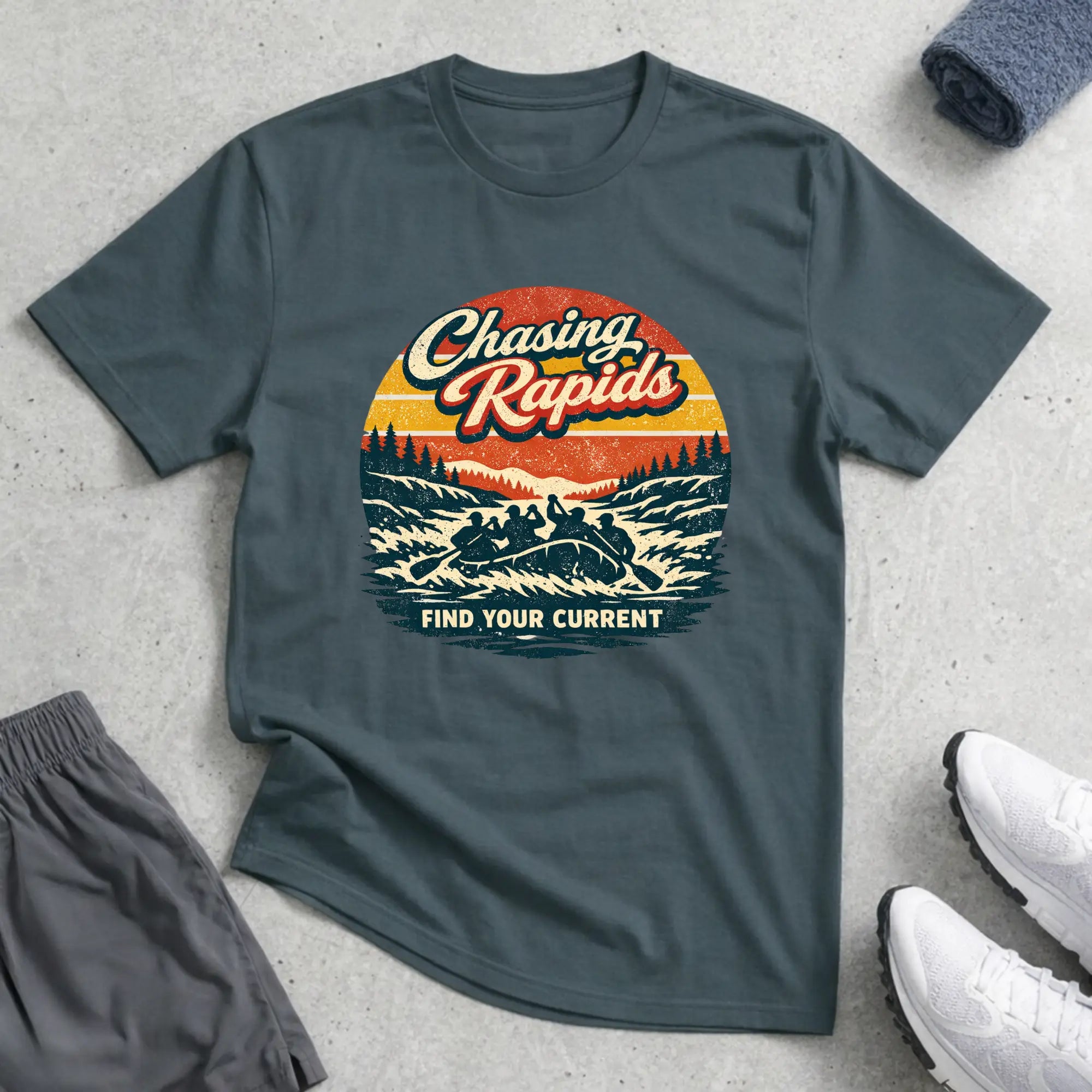 Chasing Rapids - Retro. Rafting T-Shirt Relaxing Printify