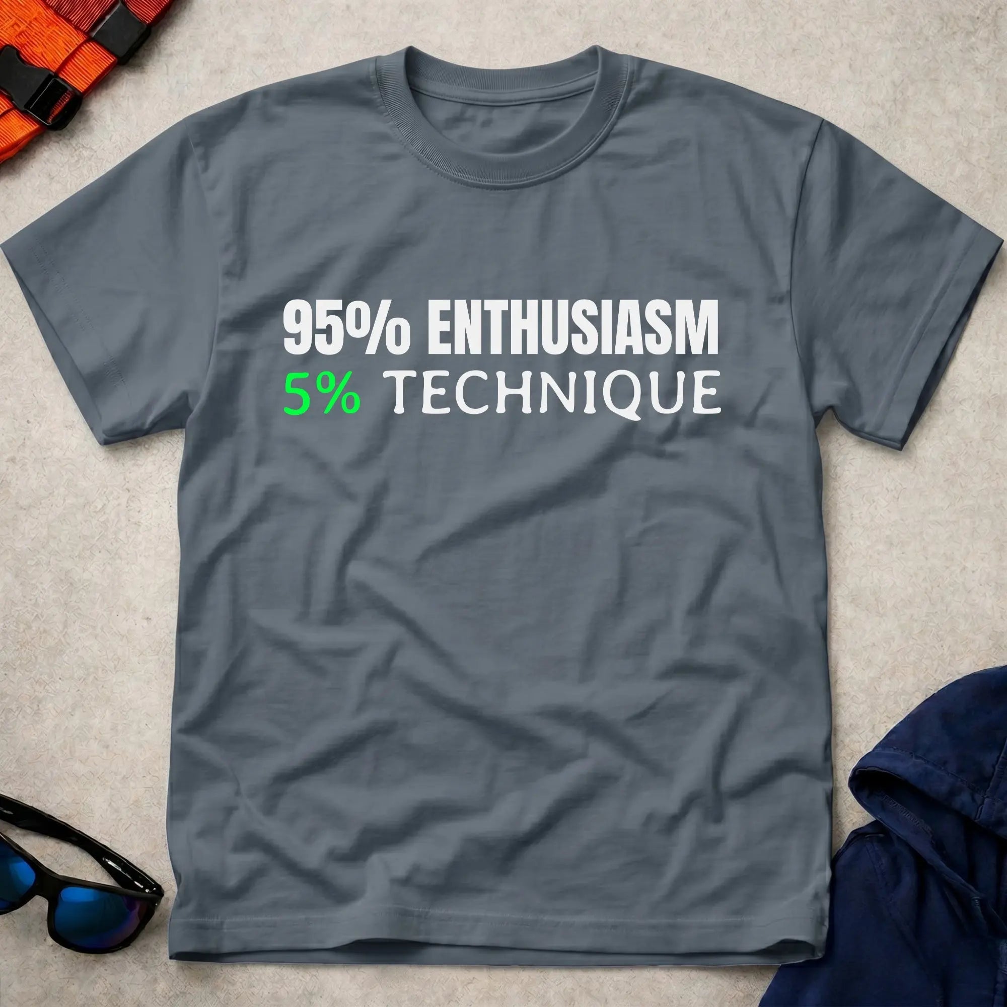 Dark Heather 95% Enthusiasm tee — funny paddling gift for kayakers and canoeists — Vector Paddle