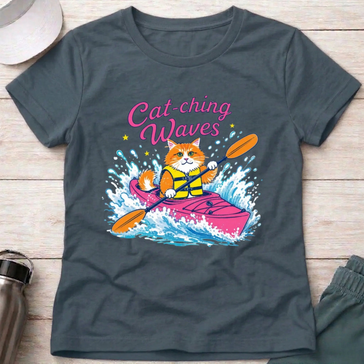 Dark Heather Cat-ching Waves cat fitted paddling tee — Vector Paddle