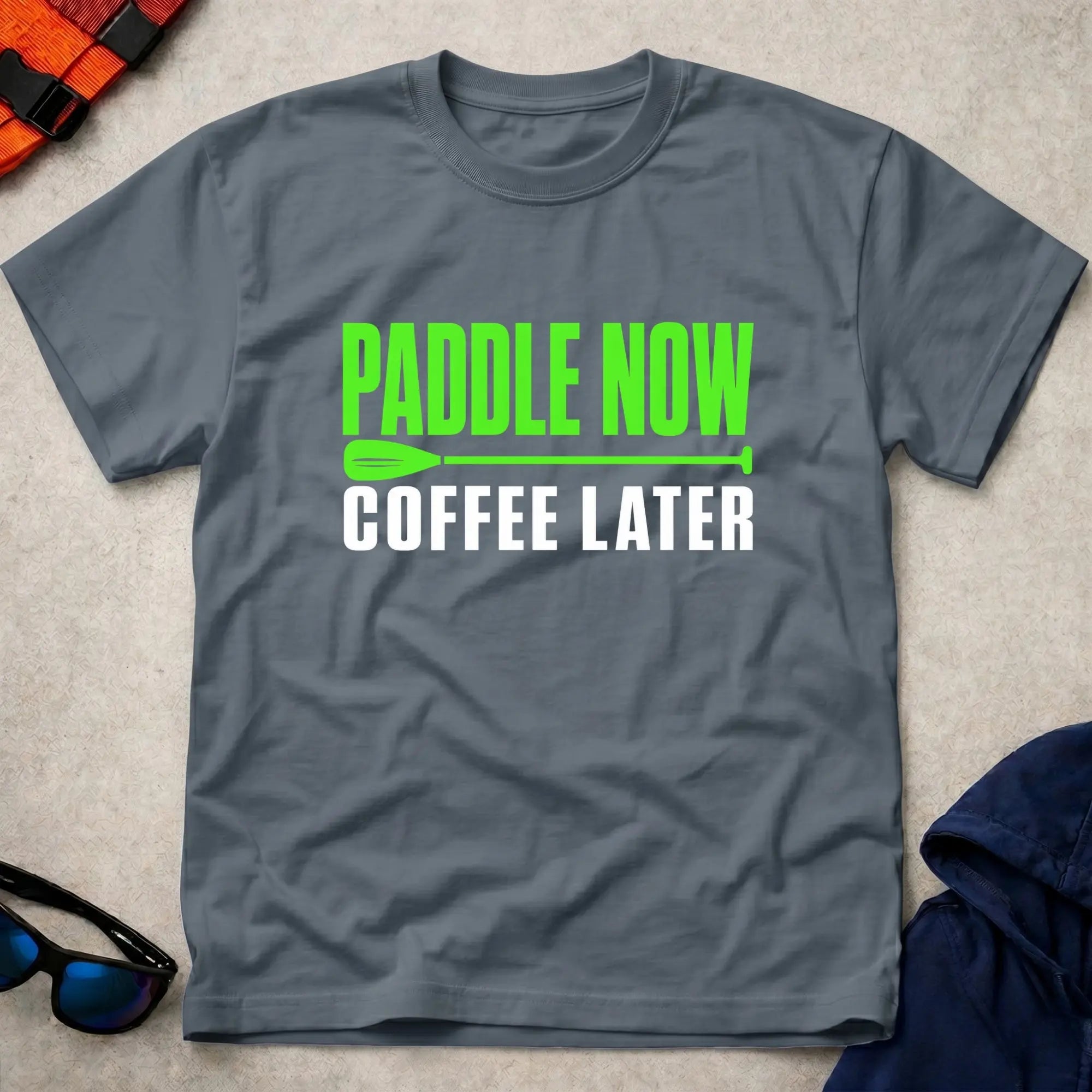 Dark Heather Paddle Now, Coffee Later Tee - Vector Paddle