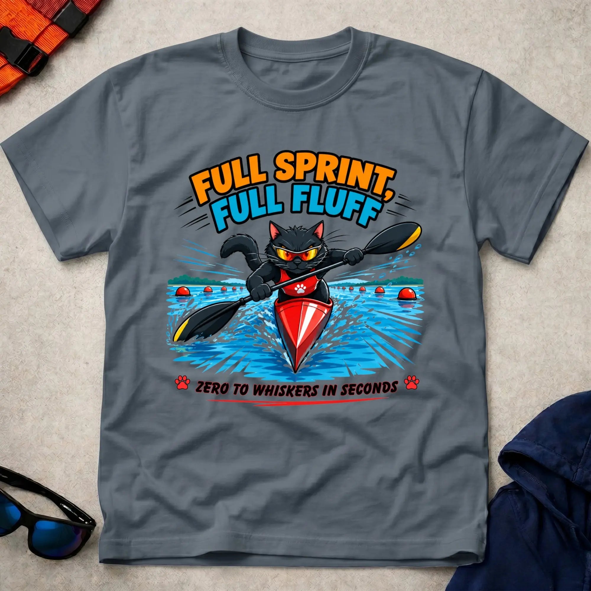 Dark Heather Full Sprint, Full Fluff tee — cat-lover paddling gift — Vector Paddle