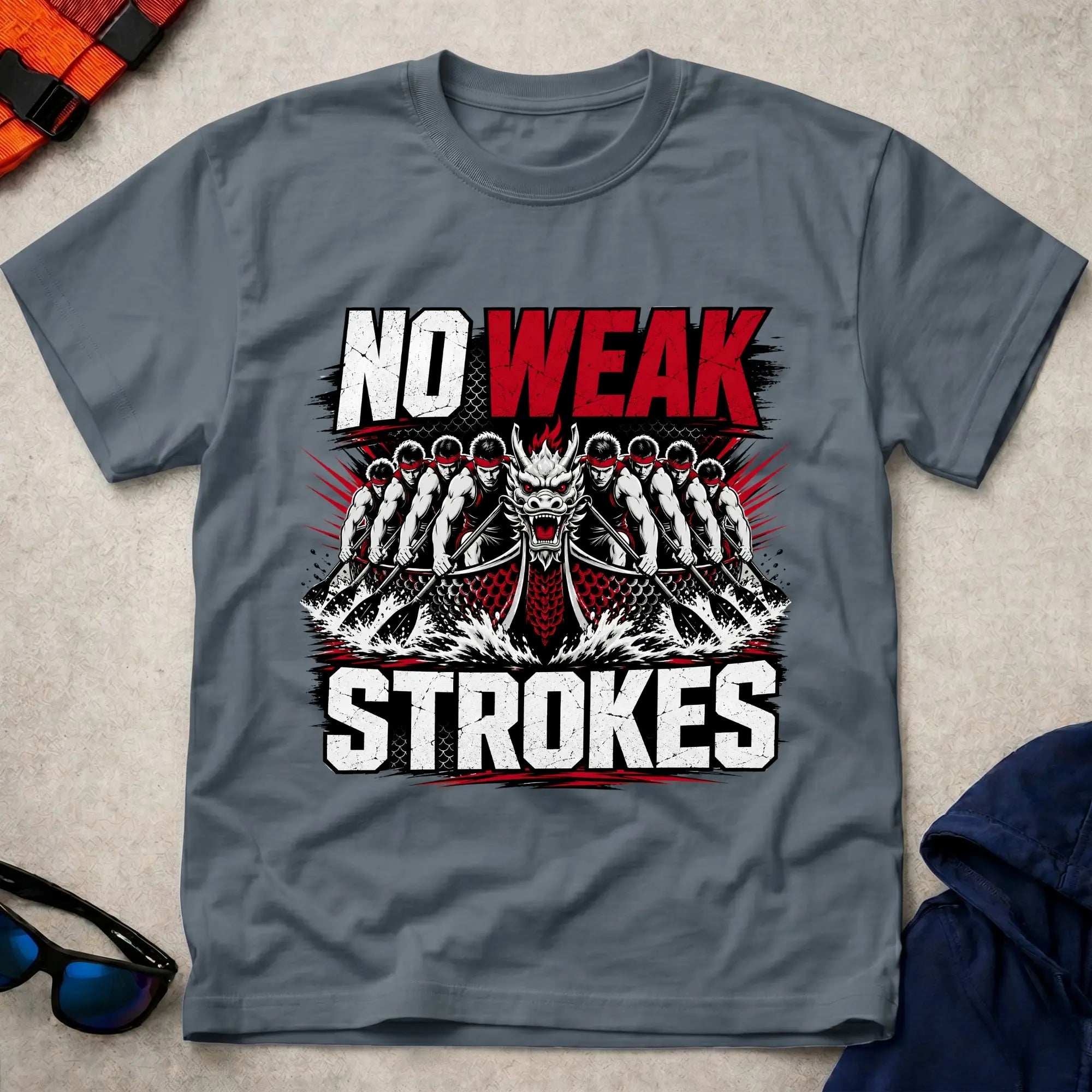 Dark Heather No Weak Strokes dragon boat racing tee — full-send crew gift — Vector Paddle