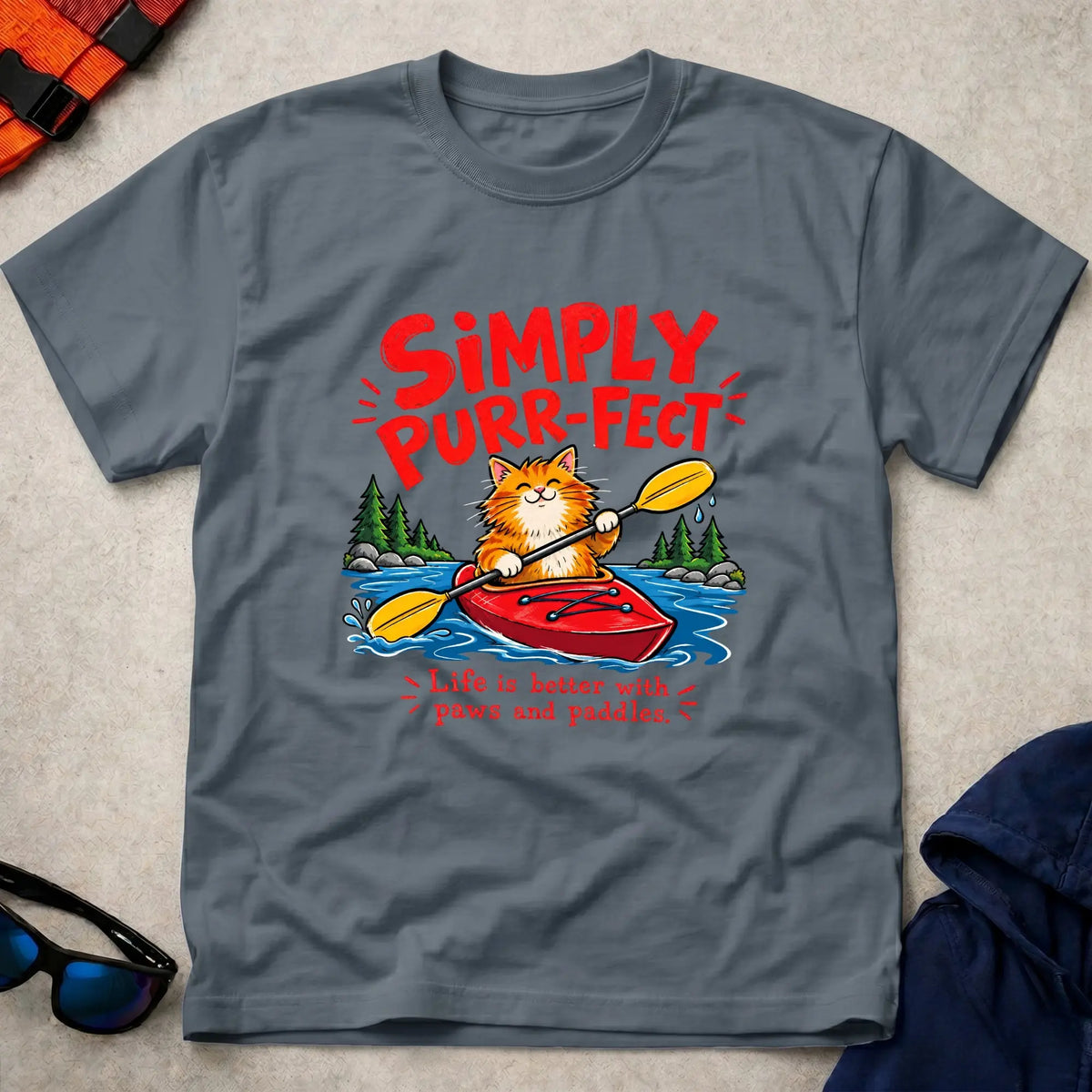 Dark Heather Simply Purr-fect ginger cat kayak t-shirt - Vector Paddle