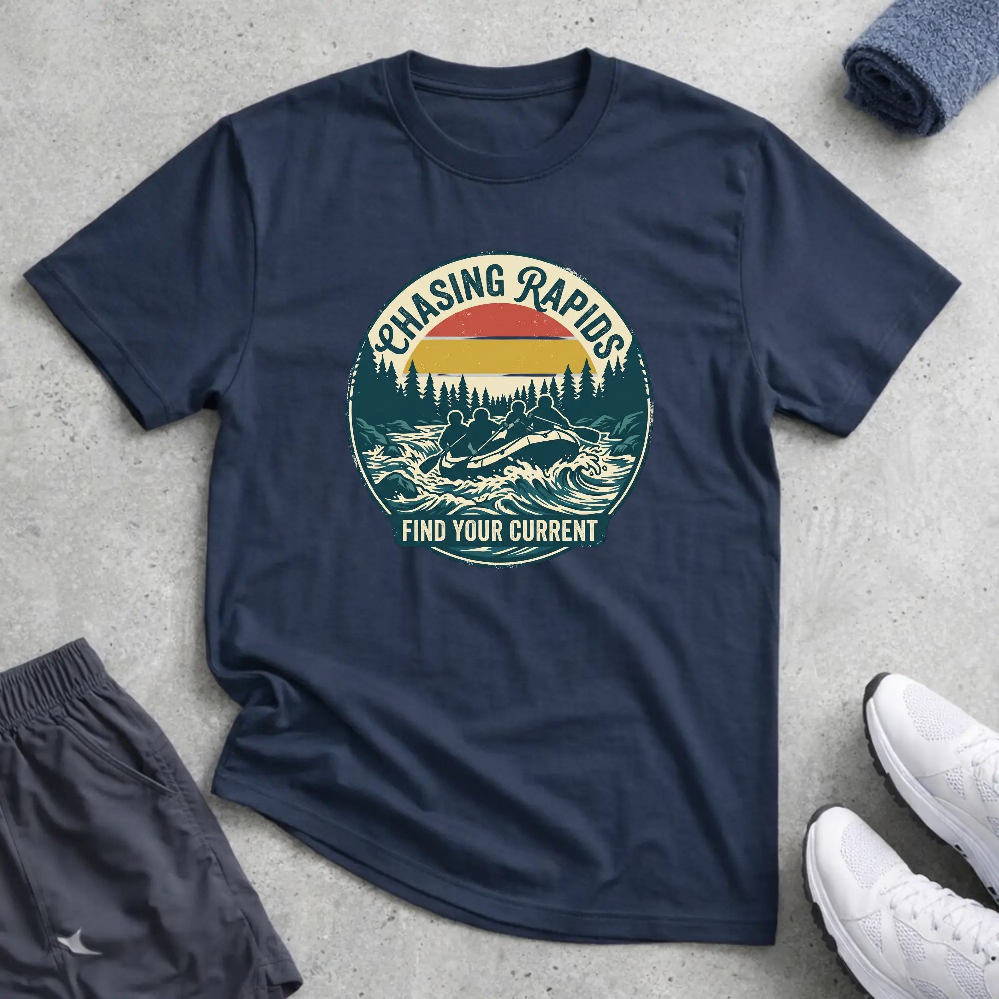 Chasing Rapids - Find Your Current. Rafting T-Shirt - RELAXED Printify