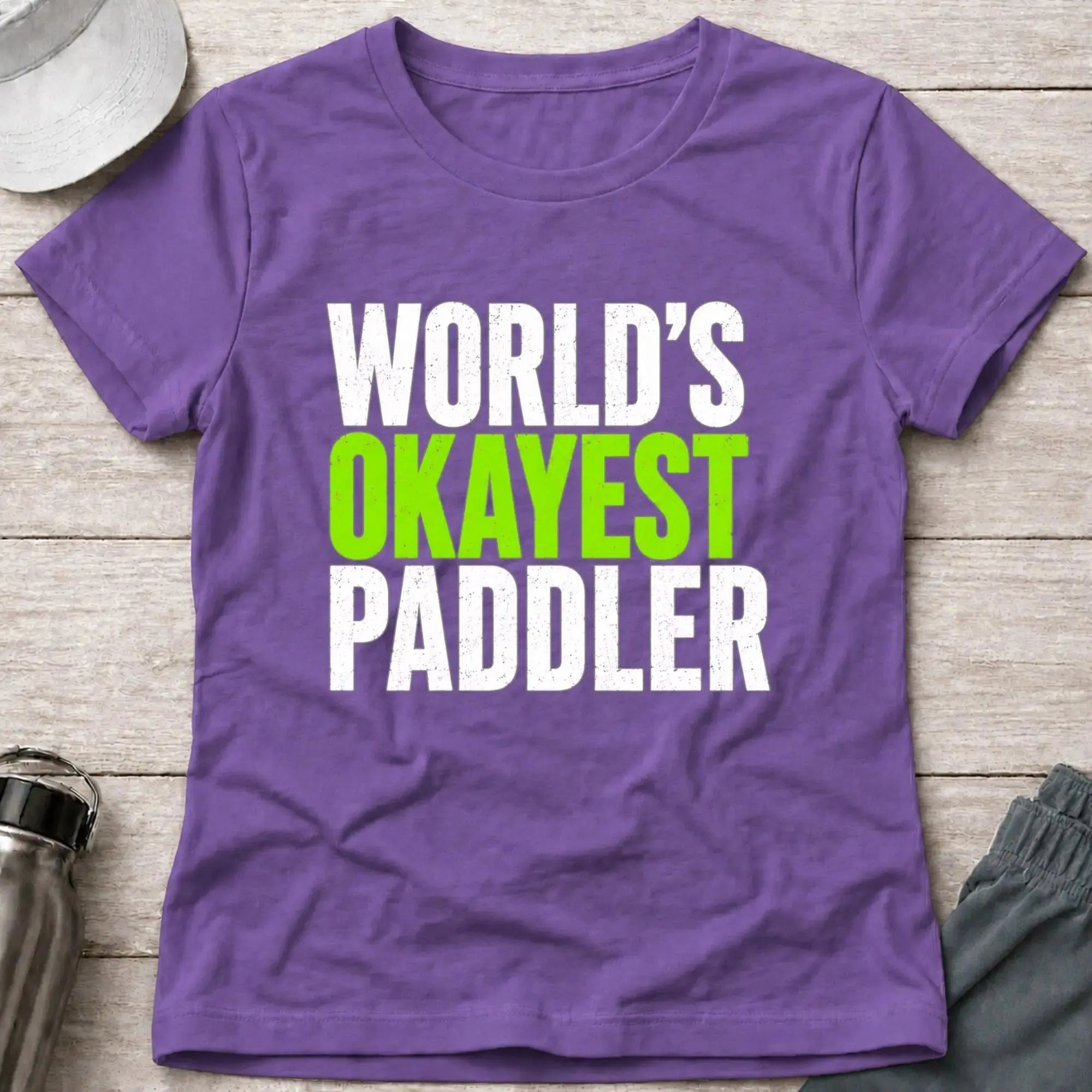 World's Okayest Paddler fitted tee in Heather Purple — funny paddling tee — Vector Paddle