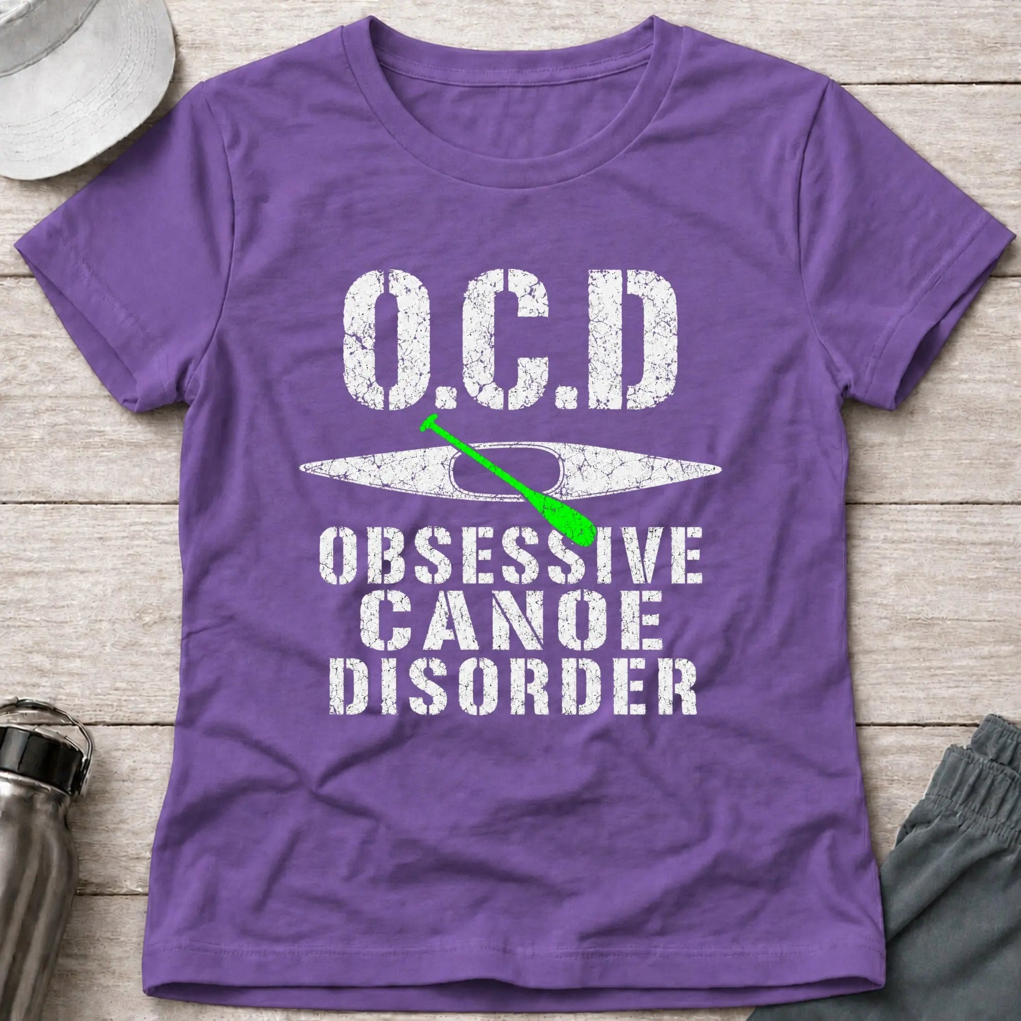 Heather Purple Obsessive Canoe Disorder fitted tee — funny canoe-obsessed gift for women — Vector Paddle