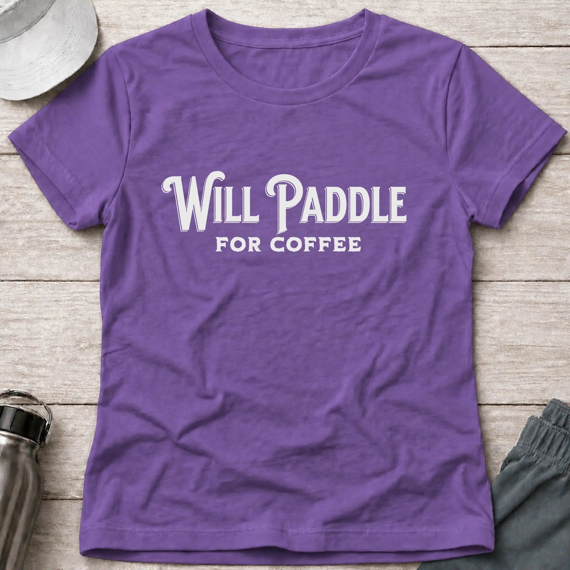Heather Purple Will Paddle For Coffee fitted tee — female paddler coffee lover gift — Vector Paddle