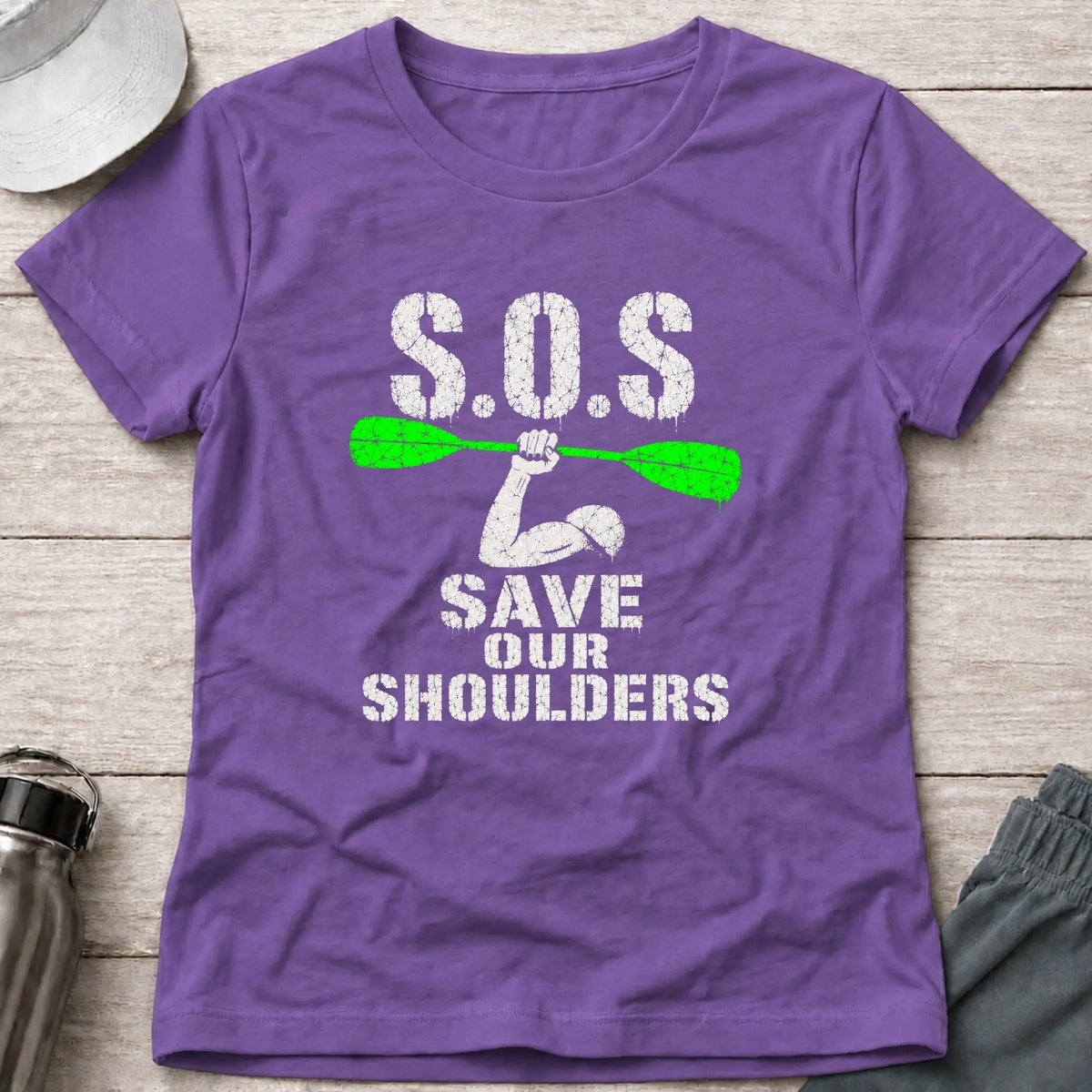 Heather Purple Save Our Shoulders fitted tee — marathon paddler gift for women — Vector Paddle