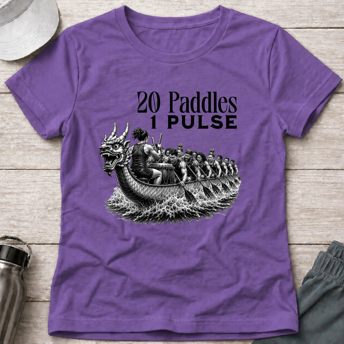 20 Paddles 1 Pulse fitted tee in Heather Purple — dragon boat crew in full stroke — Vector Paddle