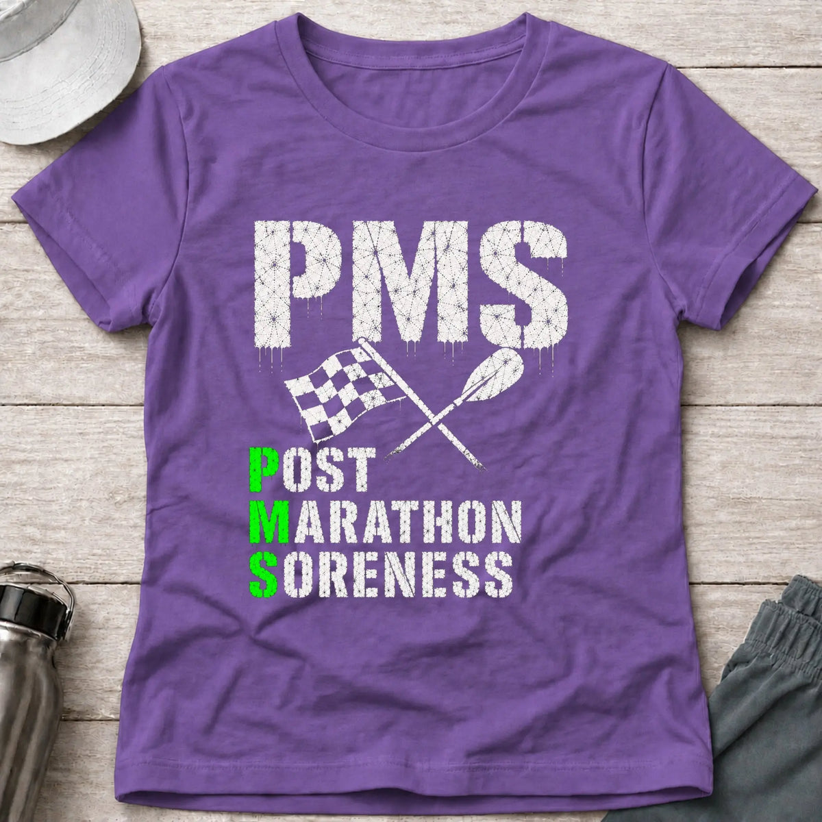 Heather Purple P.M.S. fitted tee — Post Marathon Soreness gift for women — Vector Paddle