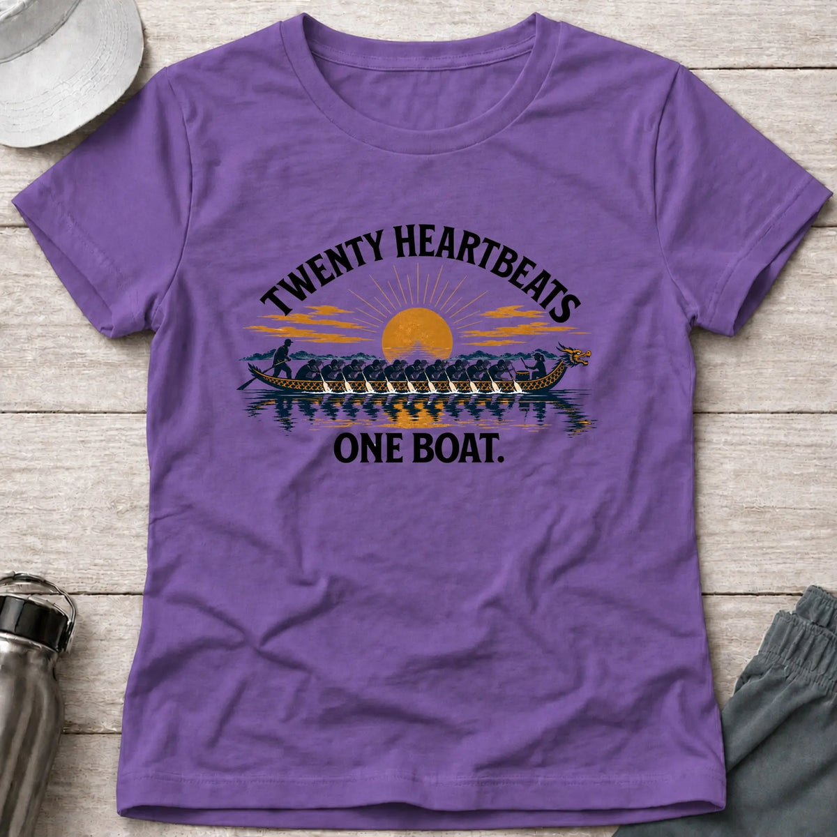 Twenty Heartbeats One Boat fitted tee in Heather Purple — sunset dragon boat crew graphic — Vector Paddle