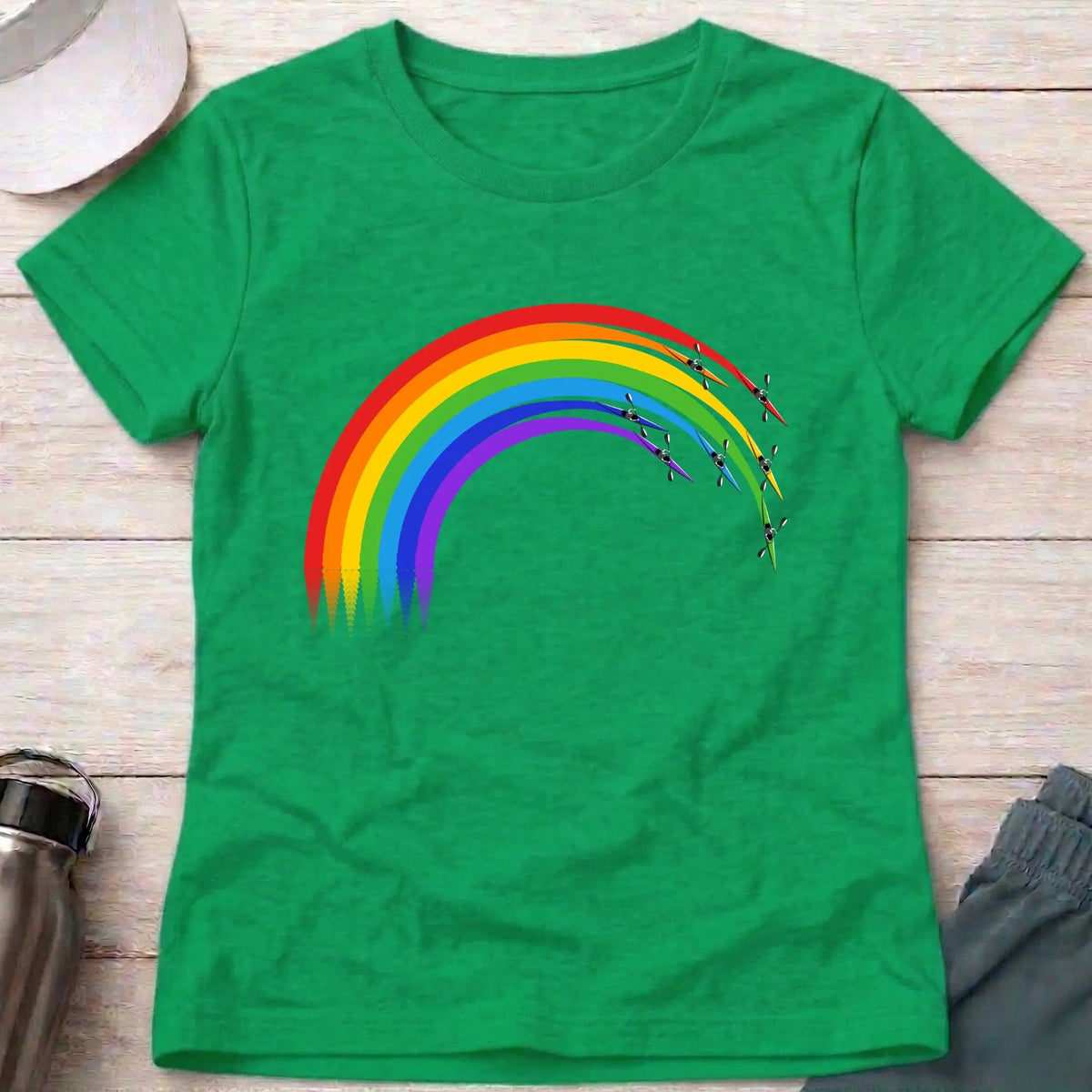 Over The Rainbow fitted tee in Irish Green — kayaks racing a rainbow arc — Vector Paddle