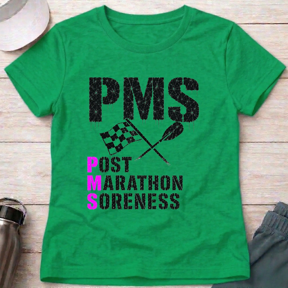 Irish Green P.M.S. fitted tee — Post Marathon Soreness gift for women — Vector Paddle