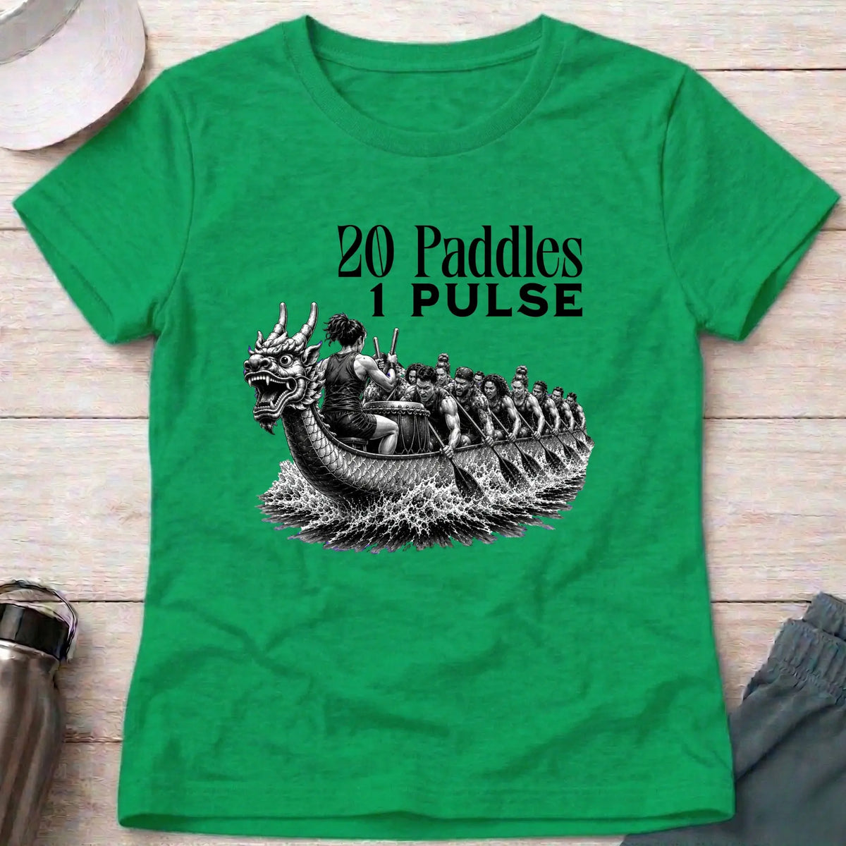 20 Paddles 1 Pulse fitted tee in Irish Green — dragon boat crew with drummer — Vector Paddle