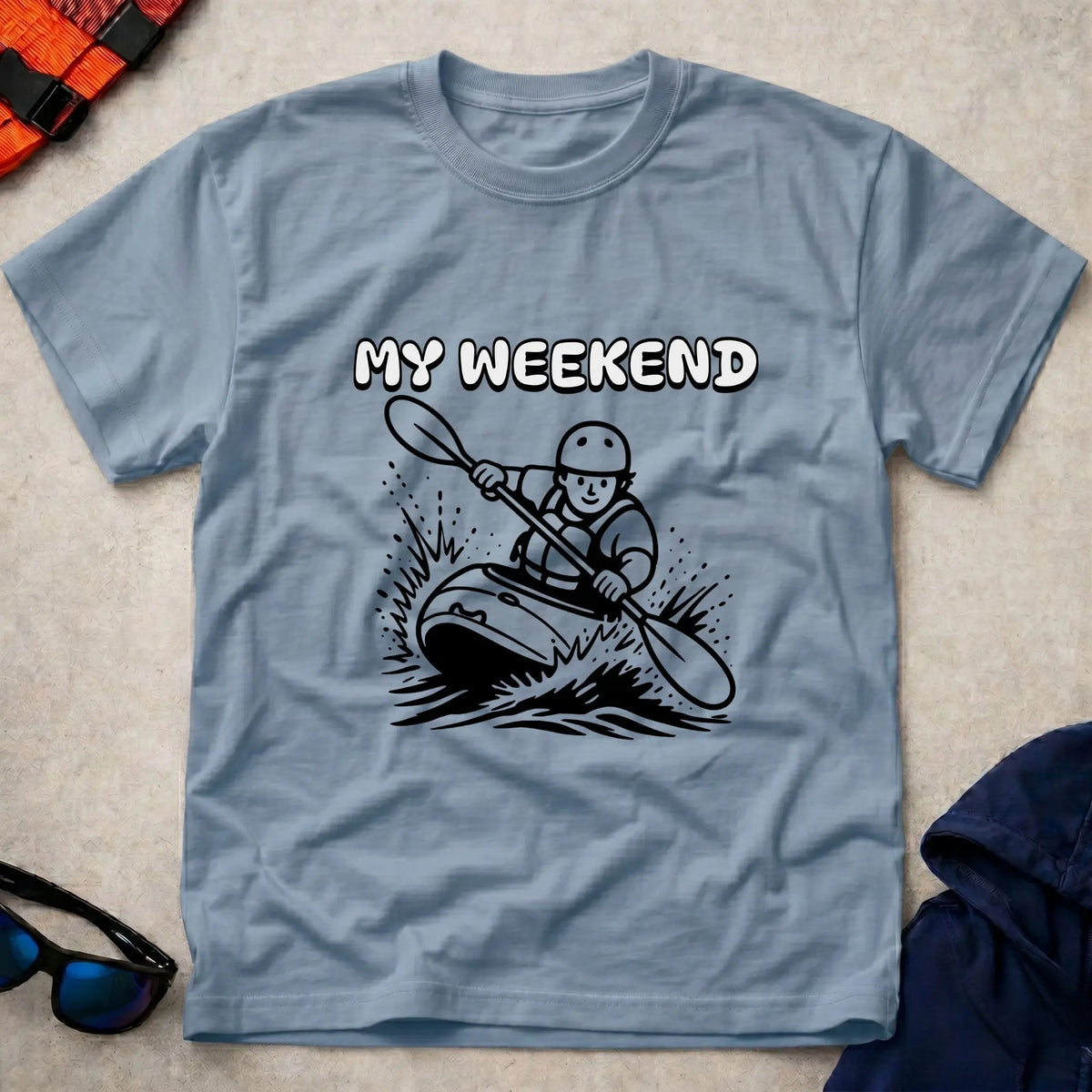 My Weekend Whitewater tee in Light Blue — cartoon whitewater kayaker with 'My Weekend' lettering — Vector Paddle