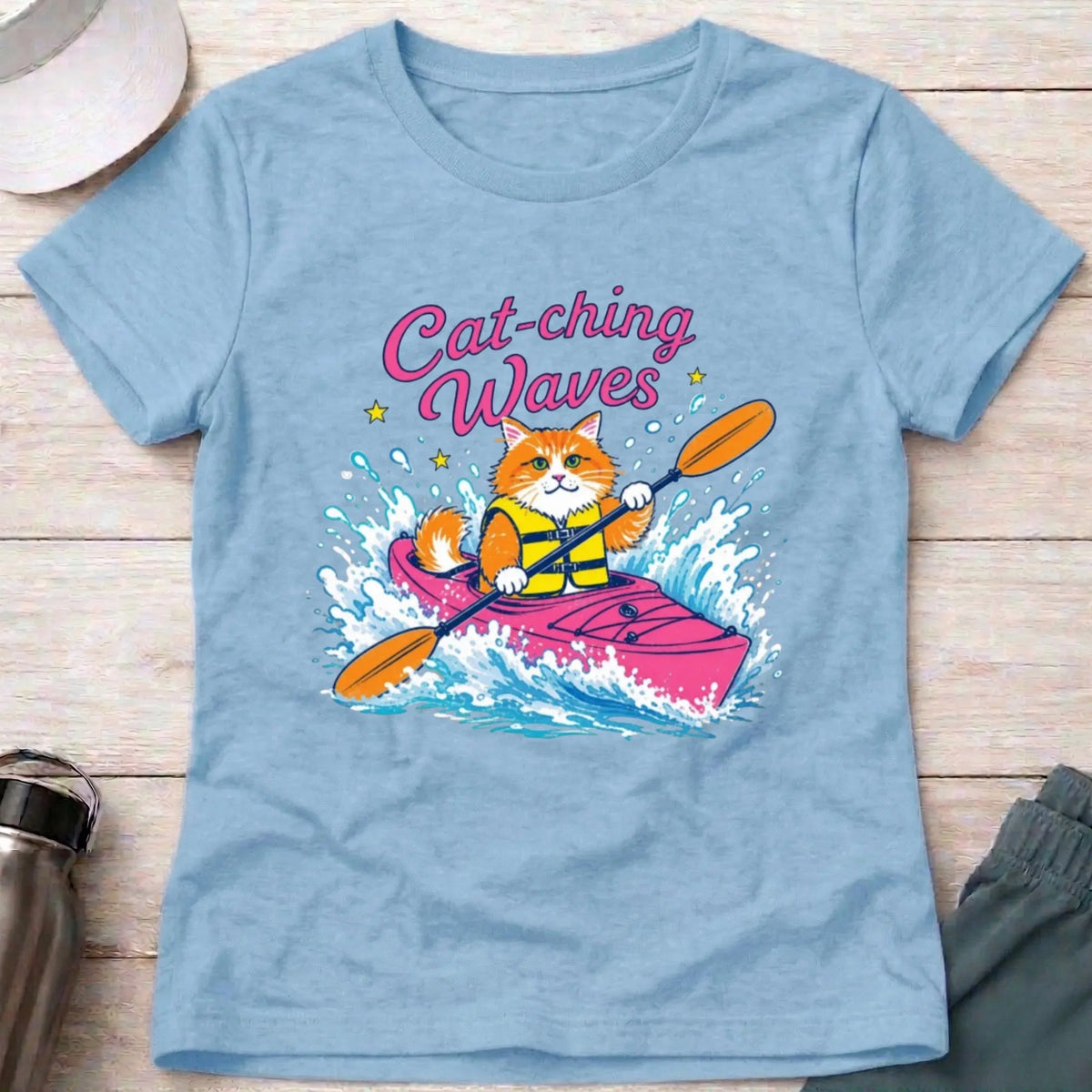 Light Blue Cat-ching Waves cat fitted paddling tee — Vector Paddle