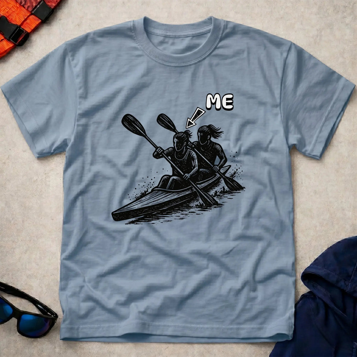 That's Me K2 Bow tee in Light Blue — woodcut K2 kayak with 'ME' arrow on the bow paddler — Vector Paddle