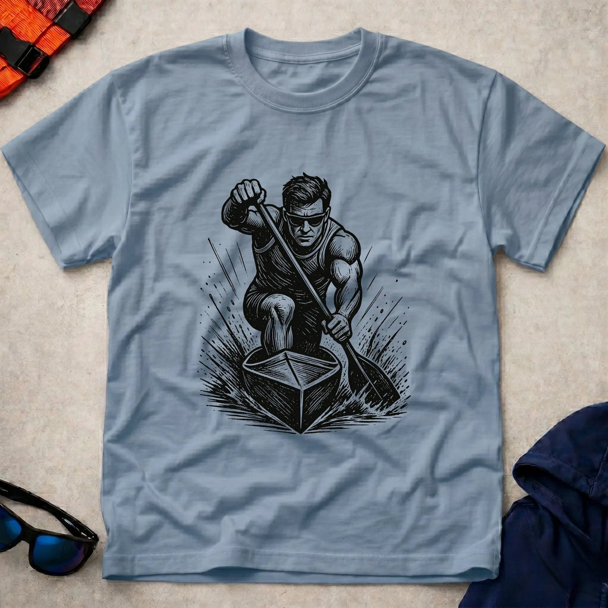 One Knee, One Blade tee in Light Blue — woodcut C1 sprint canoeist in full drive — Vector Paddle