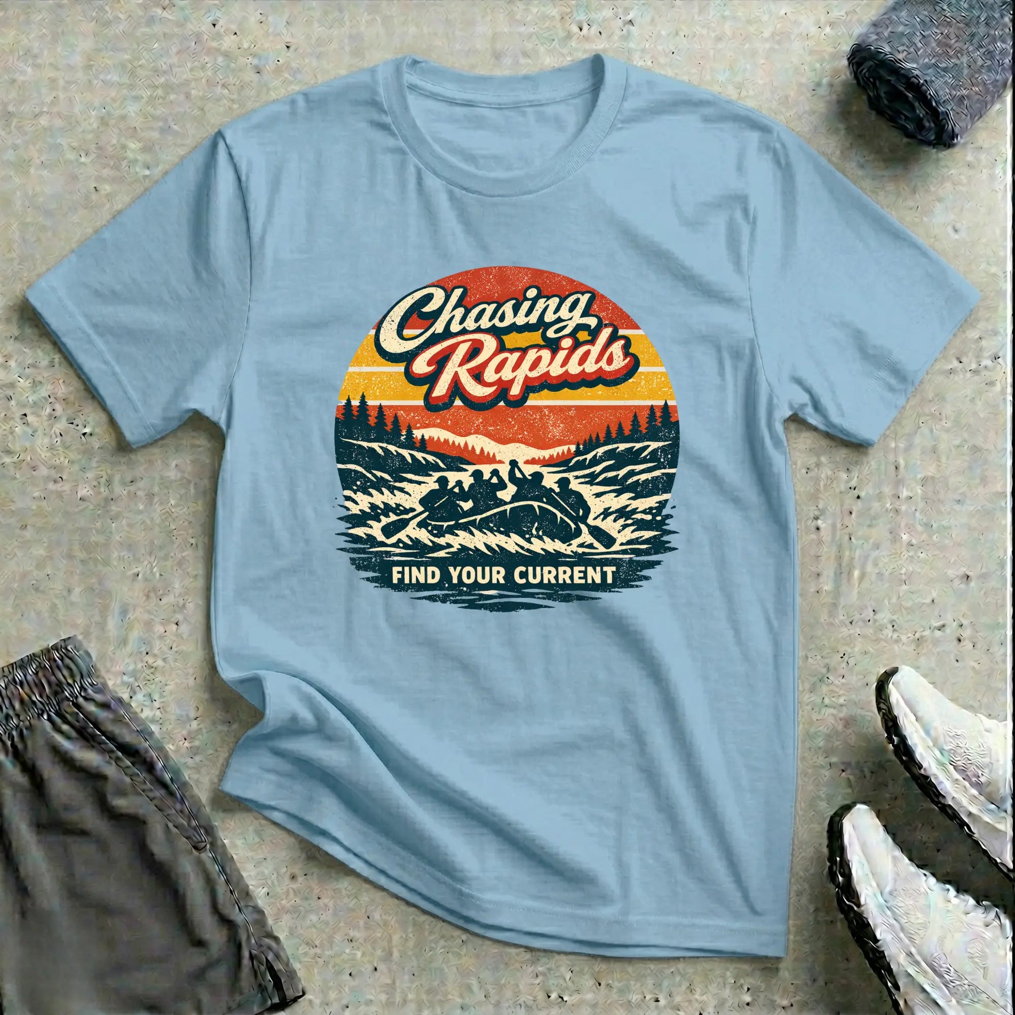 Chasing Rapids - Retro. Rafting T-Shirt Relaxing Printify