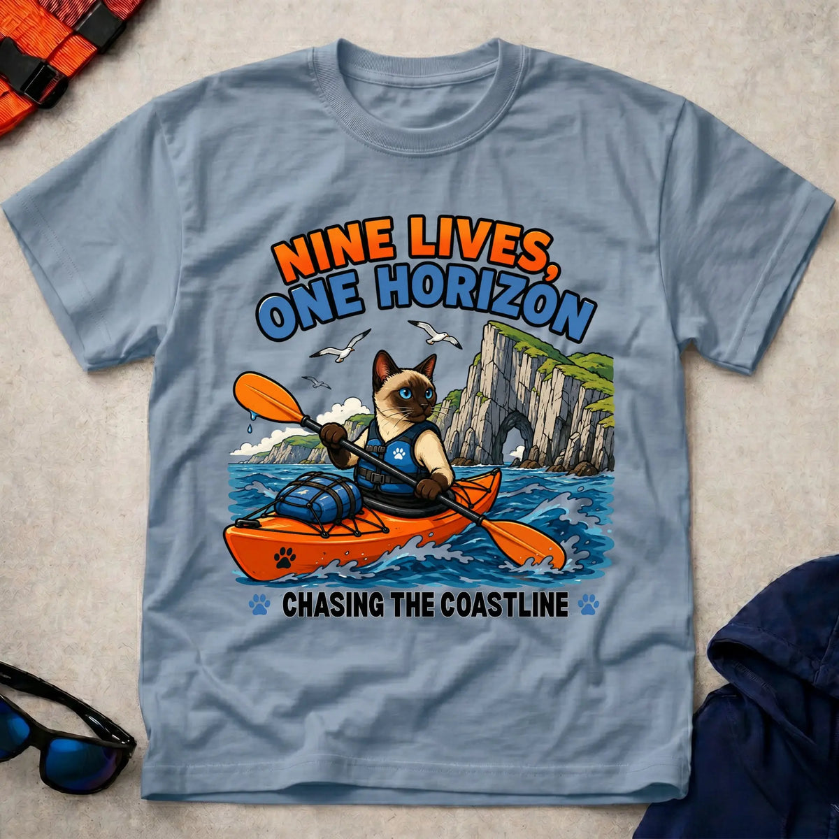 Light Blue Nine Lives, One Horizon tee — long-distance paddling gift — Vector Paddle