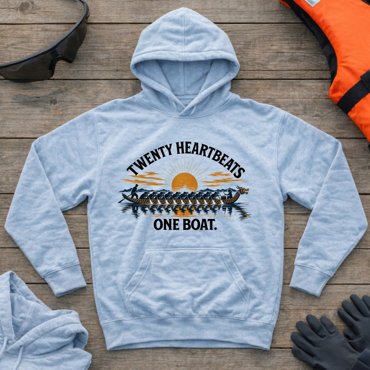 Twenty Heartbeats One Boat hoodie in Light Blue — dragon boat crew paddling in unison — Vector Paddle