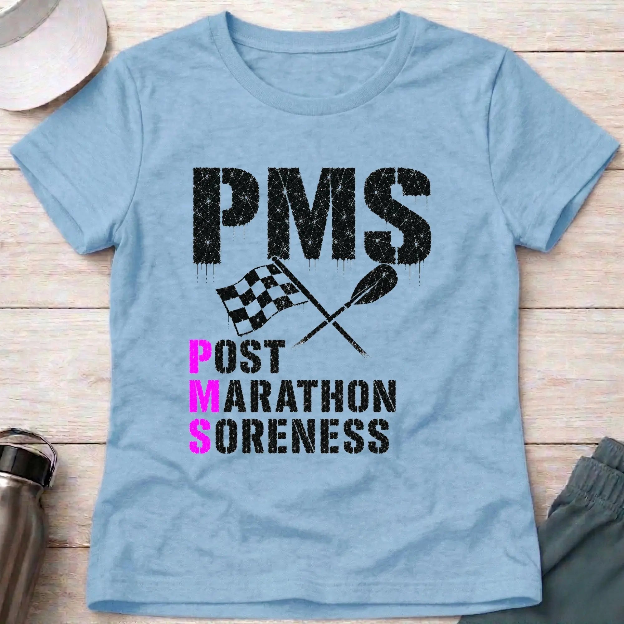 Light Blue P.M.S. fitted tee — Post Marathon Soreness gift for women — Vector Paddle