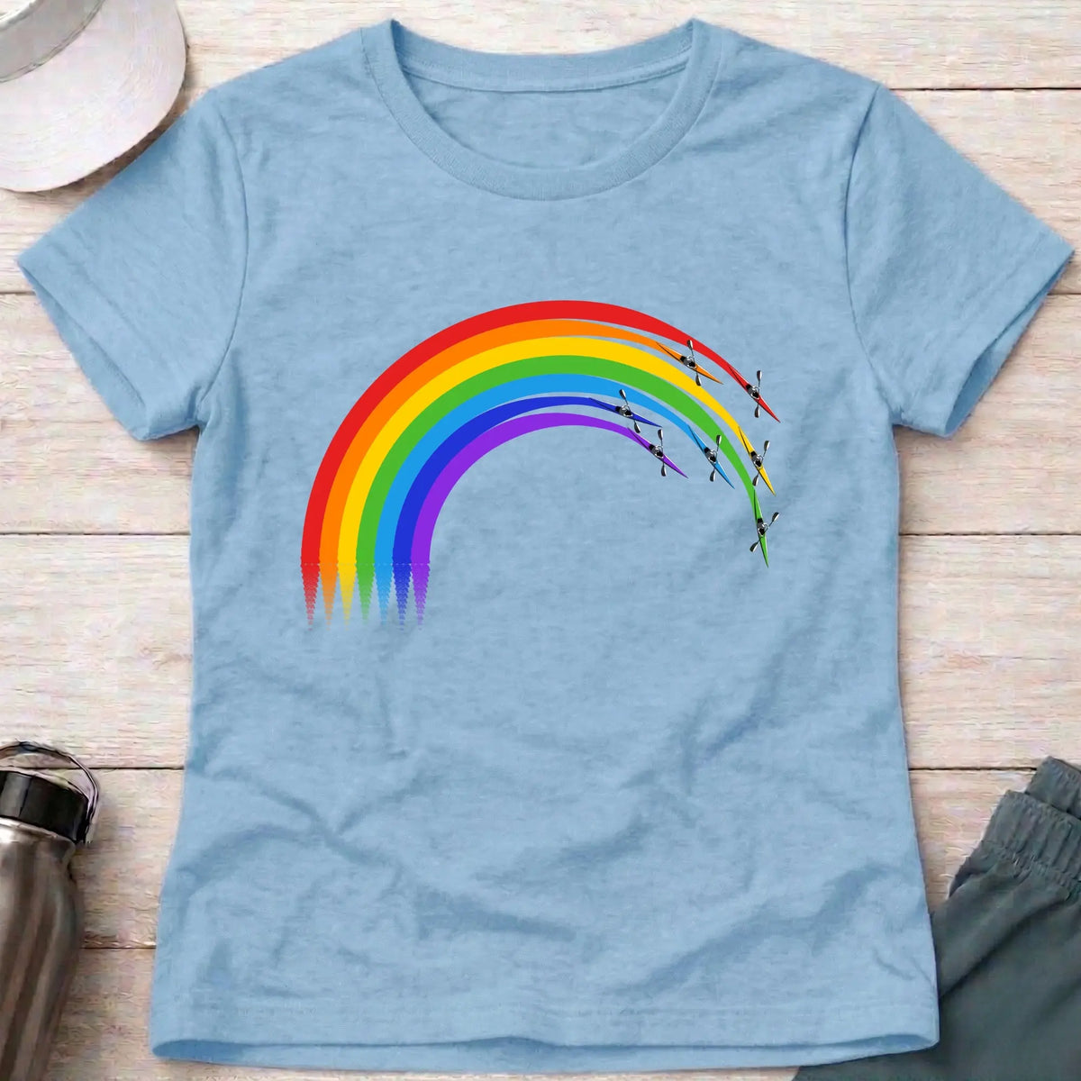 Over The Rainbow fitted tee in Light Blue — rainbow kayak wake design — Vector Paddle