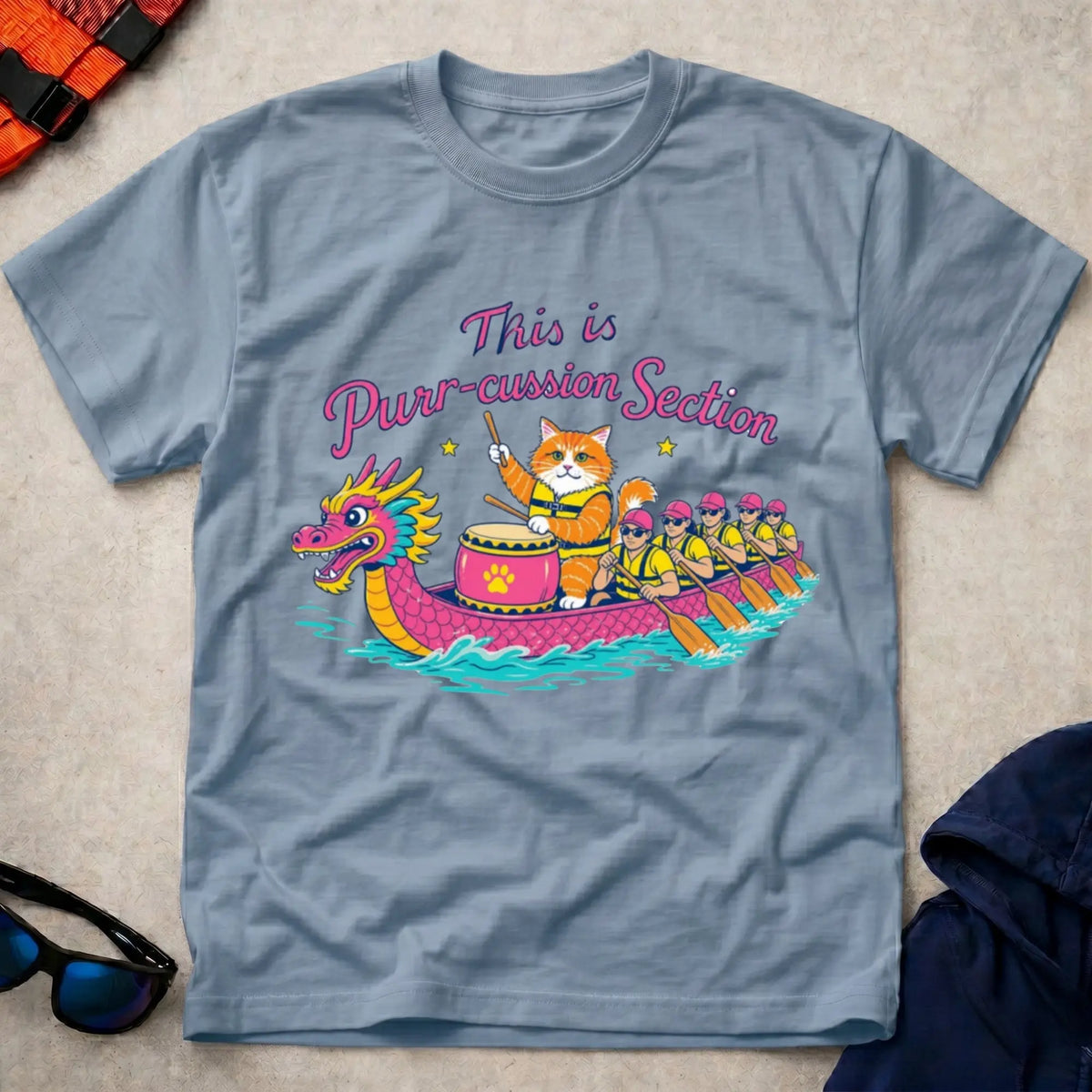 Light Blue Purr-cussion Section dragon boat drummer cat tee — Vector Paddle