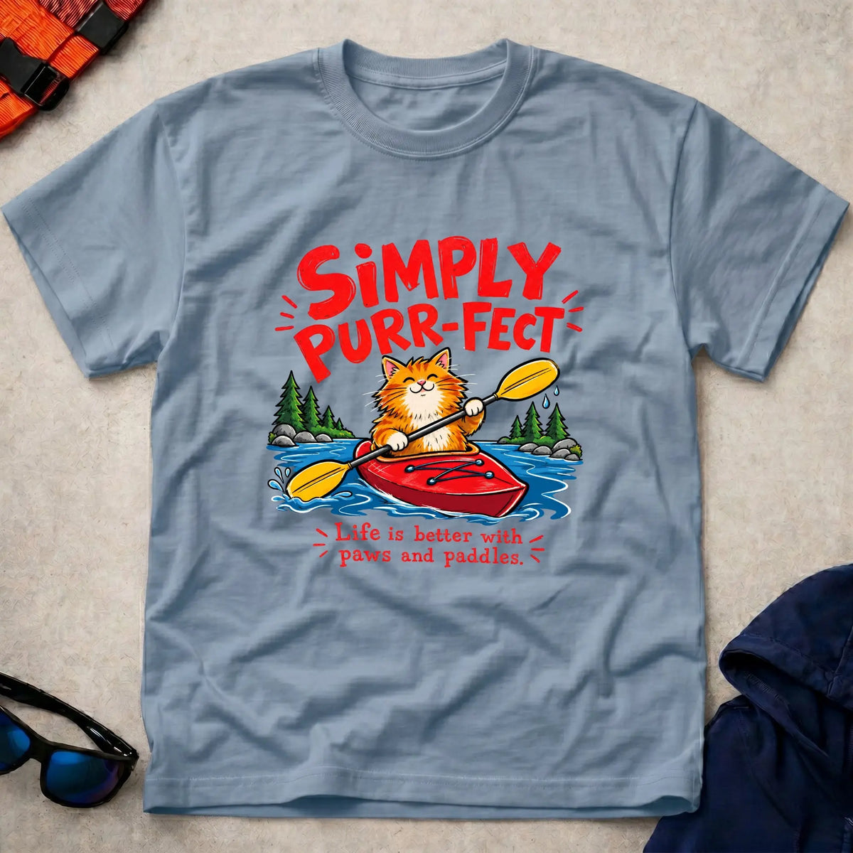 Light Blue Simply Purr-fect ginger cat kayak t-shirt - Vector Paddle