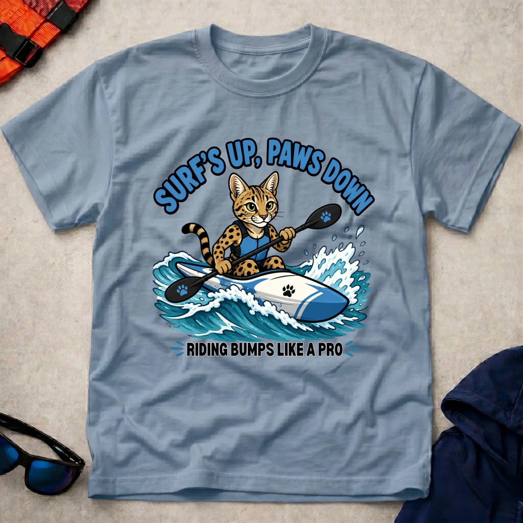Light Blue Surfs Up, Paws Down tee — open-water paddling gift — Vector Paddle