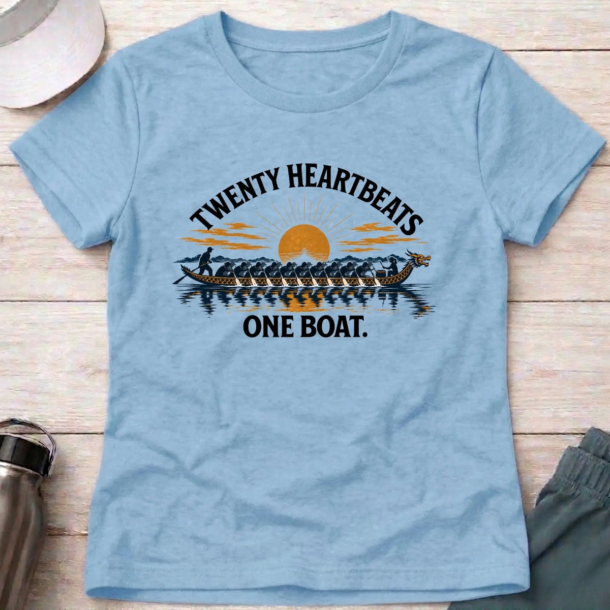 Twenty Heartbeats One Boat fitted tee in Light Blue — dragon boat racing unity design — Vector Paddle