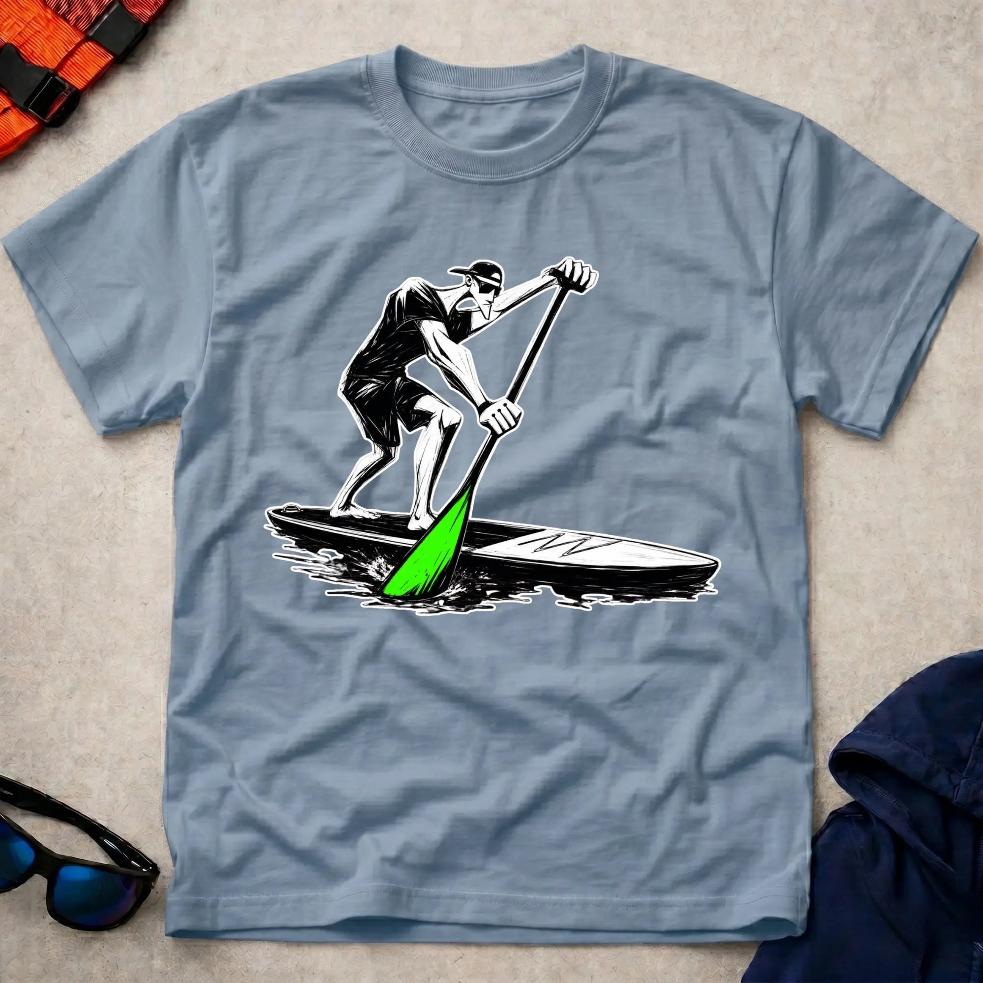 Light Blue Paddling SUP t-shirt for stand-up paddleboarders, Vector Paddle