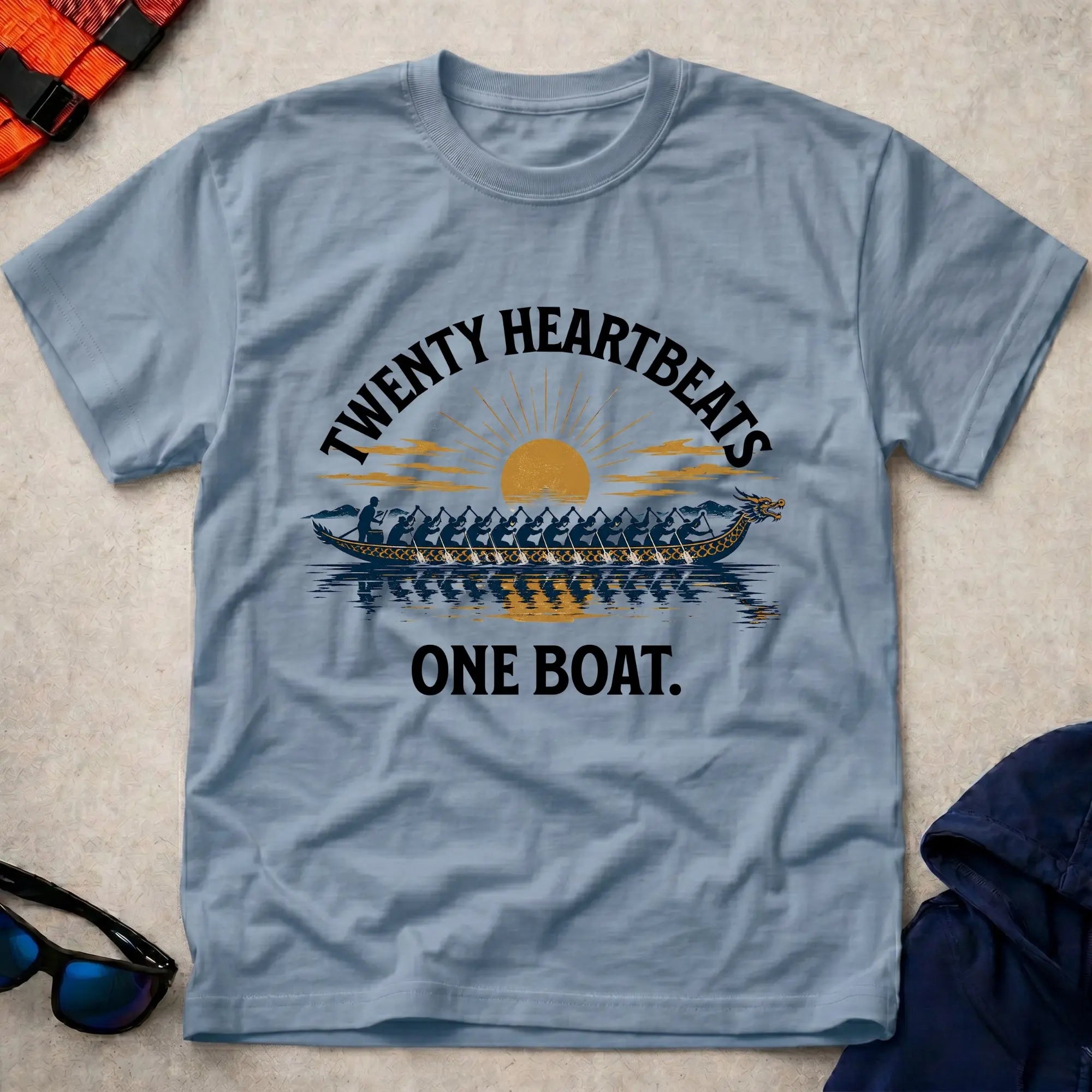 Light Blue Twenty Heartbeats One Boat dragon boat tee — full-crew unity gift — Vector Paddle