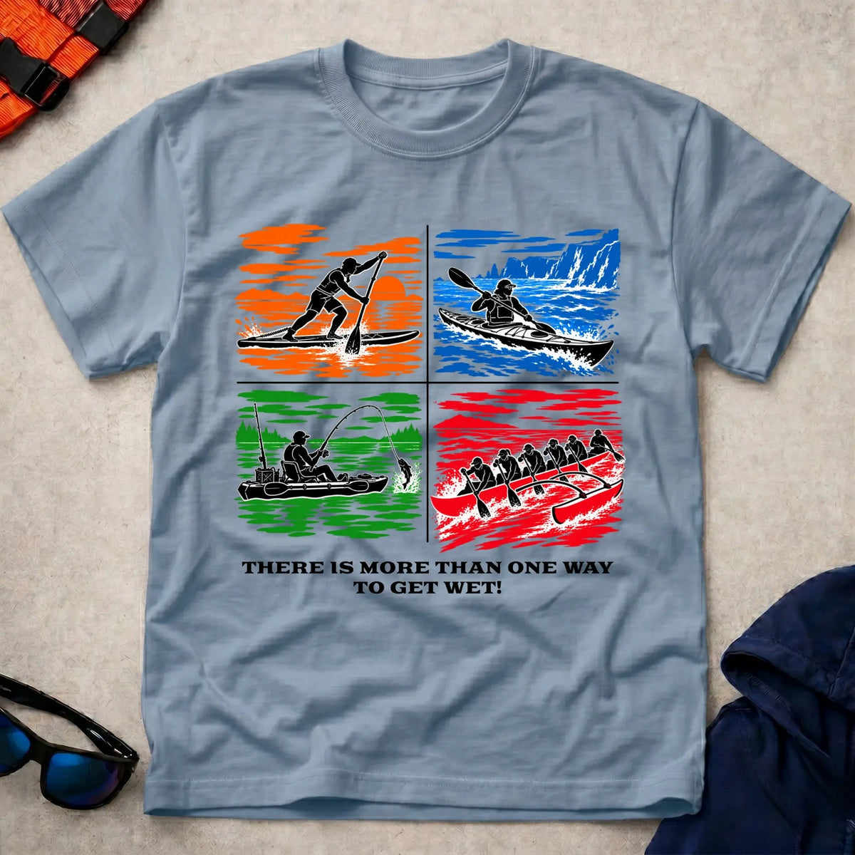 More Than One Way tee in Light Blue — four-panel design with SUP, sea kayak, kayak fishing and OC6 outrigger — Vector Paddle