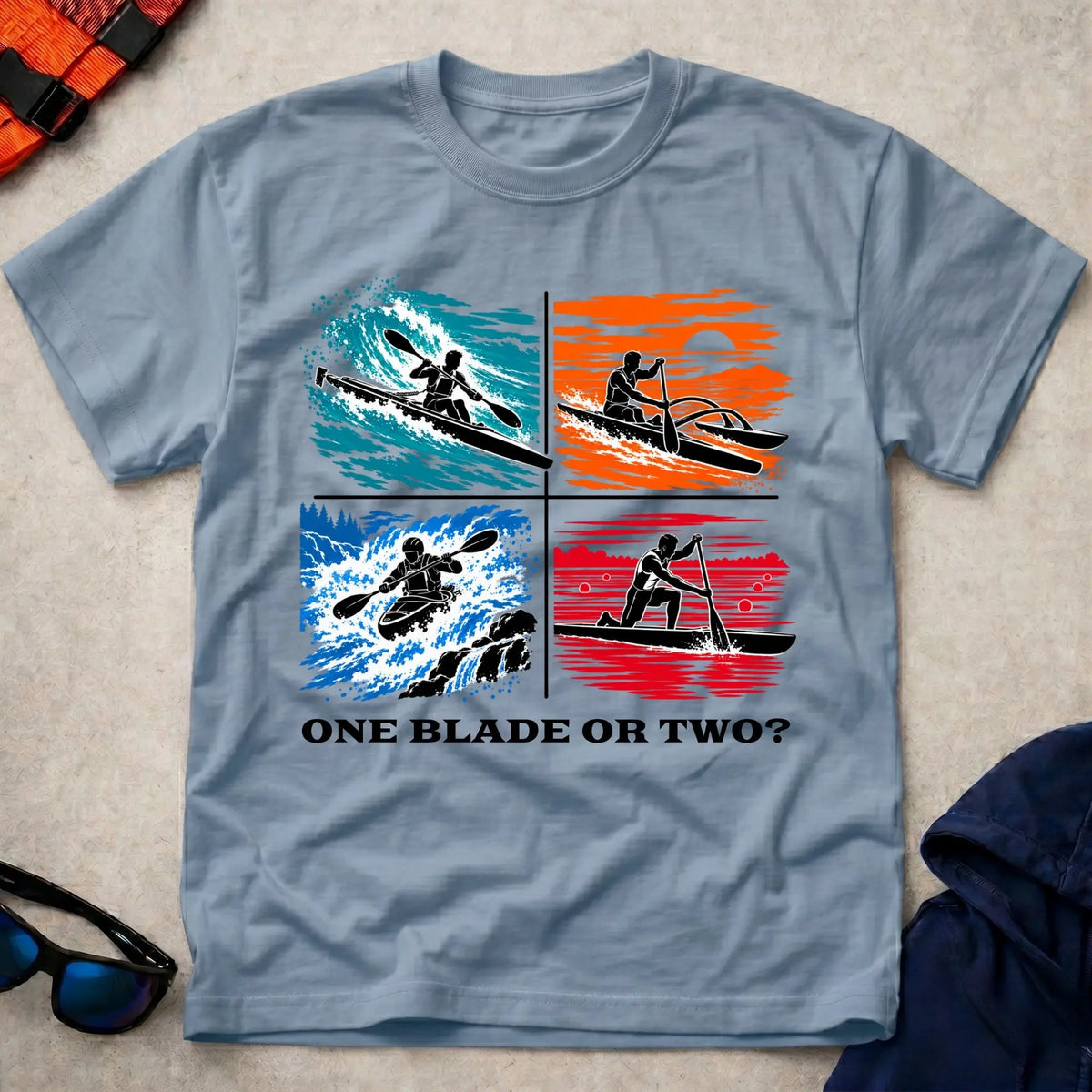 One Blade Or Two tee in Light Blue — four-panel design with surfski, OC1 outrigger, whitewater kayak and C1 canoe — Vector Paddle