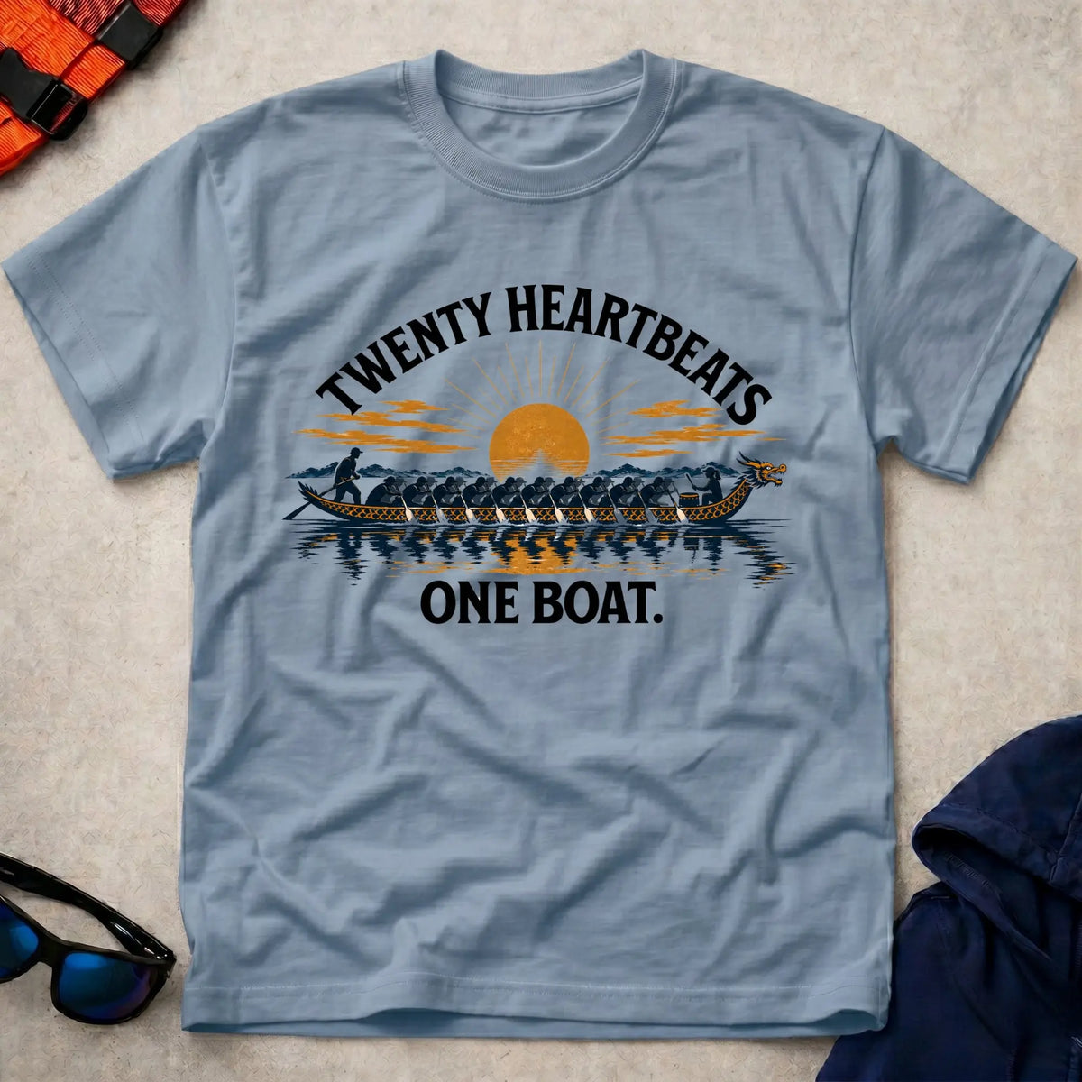 Twenty Heartbeats, One Boat unisex tee in Light Blue — dragon boat crew tee — Vector Paddle