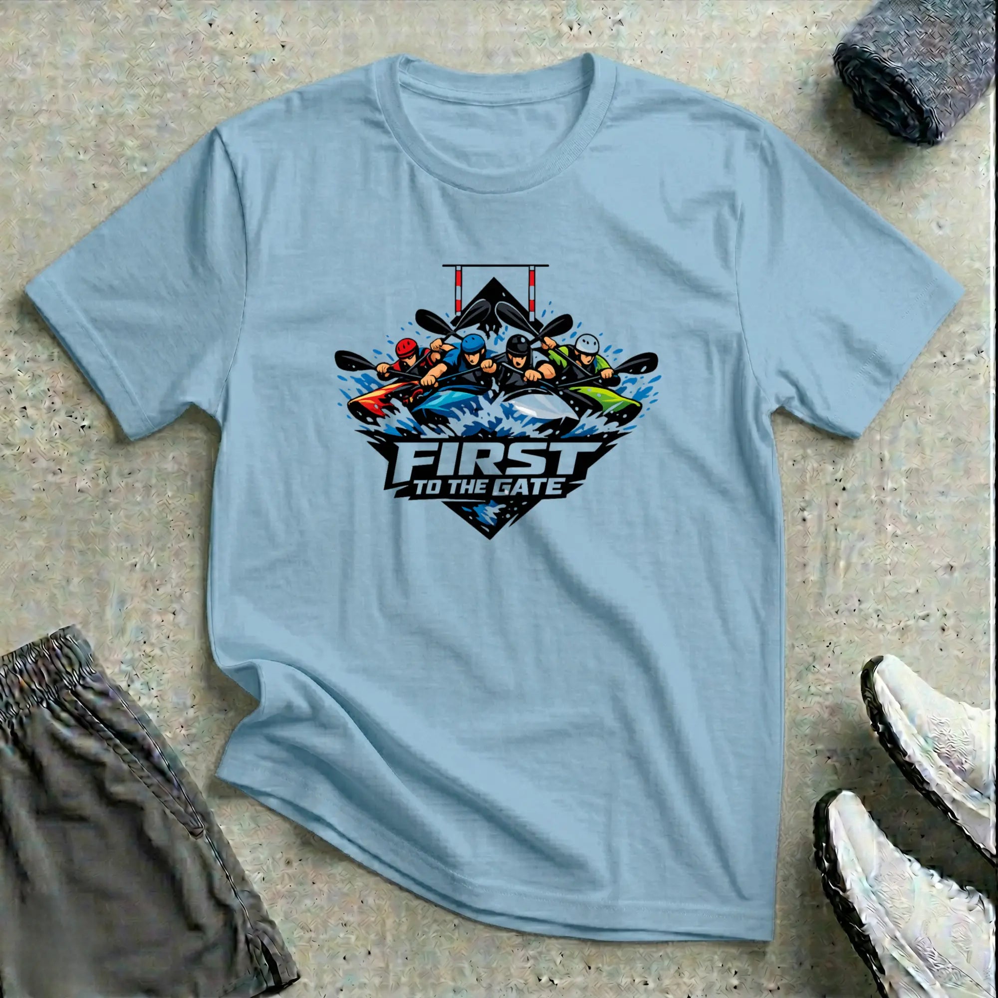 First To The Gate. Kayak Cross T-Shirt Printify