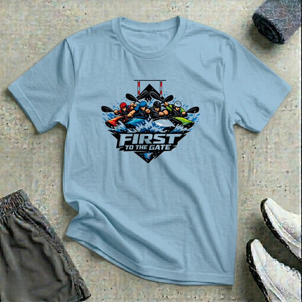 First to the Gate unisex tee in Light Blue — kayak cross tee — Vector Paddle