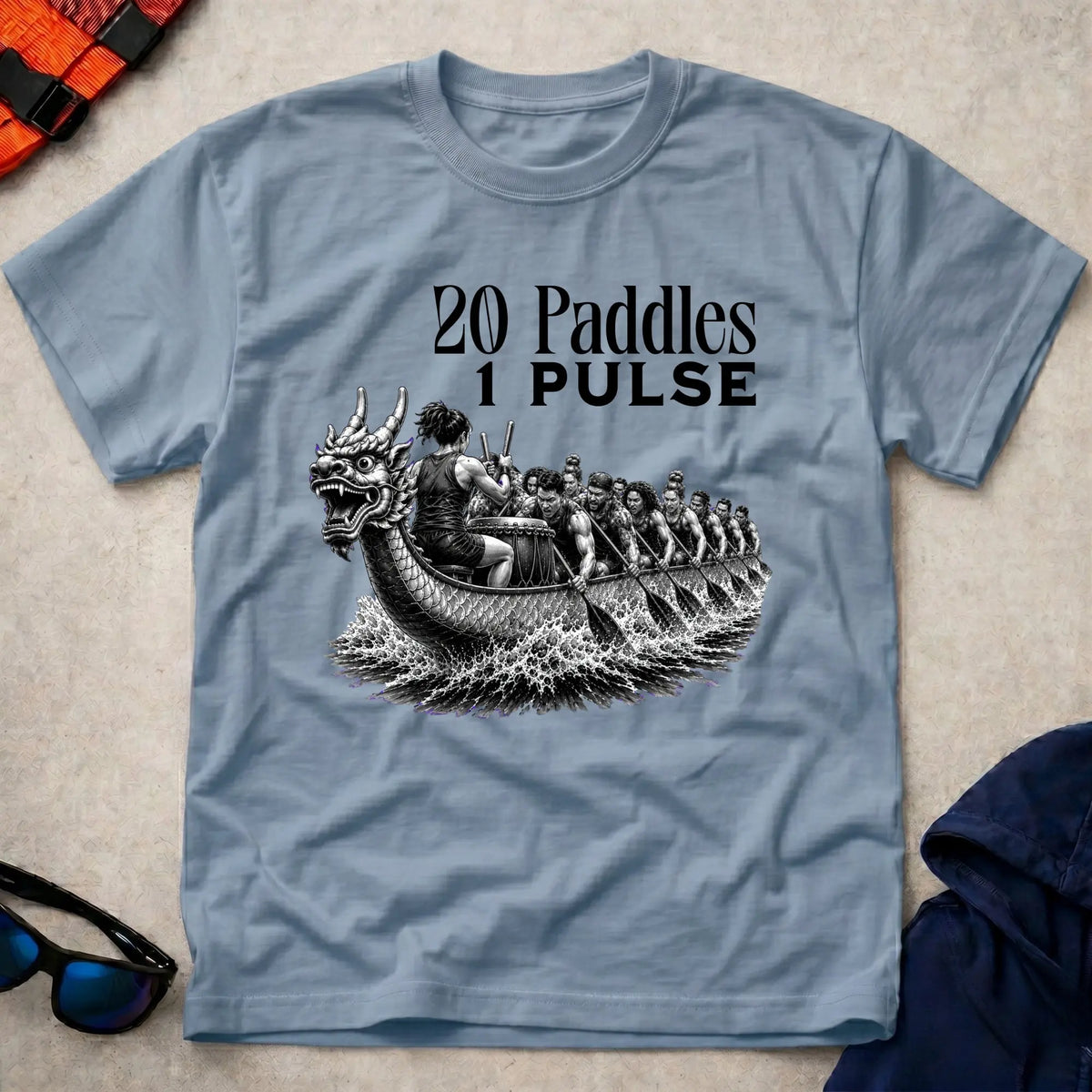 20 Paddles 1 Pulse tee in Light Blue — engraved-style dragon boat racing graphic — Vector Paddle