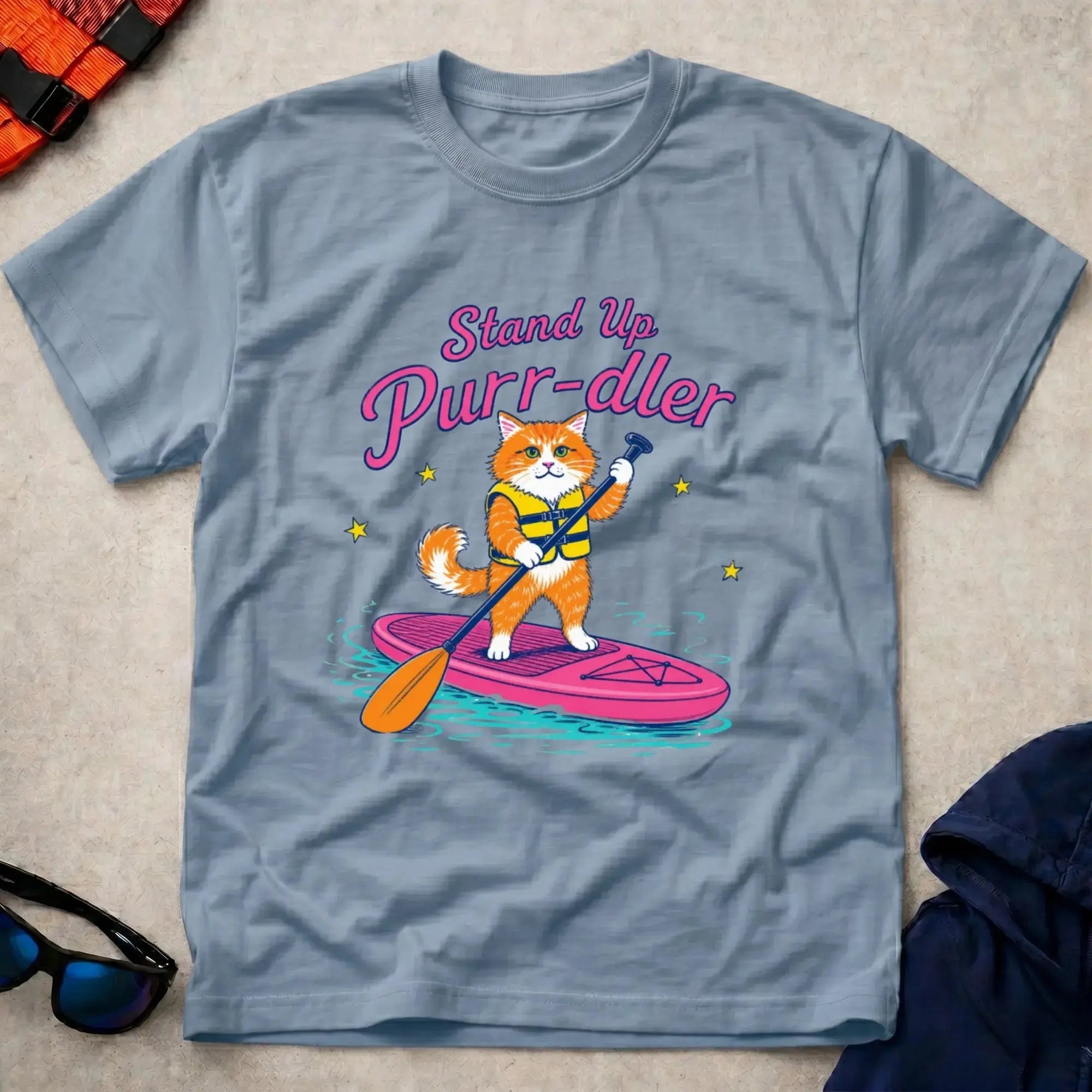 Light Blue Stand Up Purr-dler cat SUP paddling tee — Vector Paddle