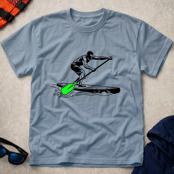Light Blue SUP Paddler t-shirt for stand-up paddleboarding fans, Vector Paddle