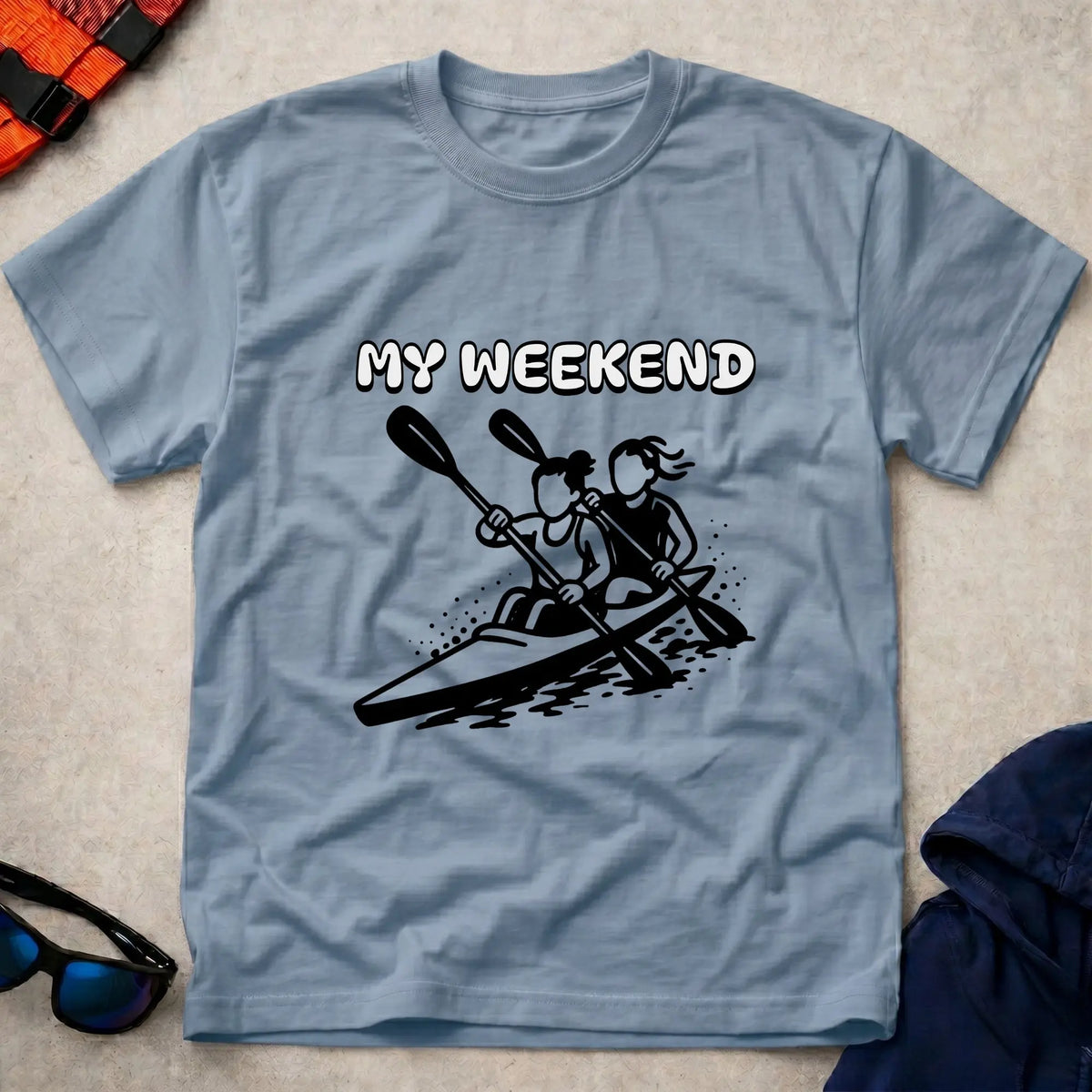My Weekend K2 tee in Light Blue — cartoon K2 kayak crew with 'My Weekend' lettering — Vector Paddle
