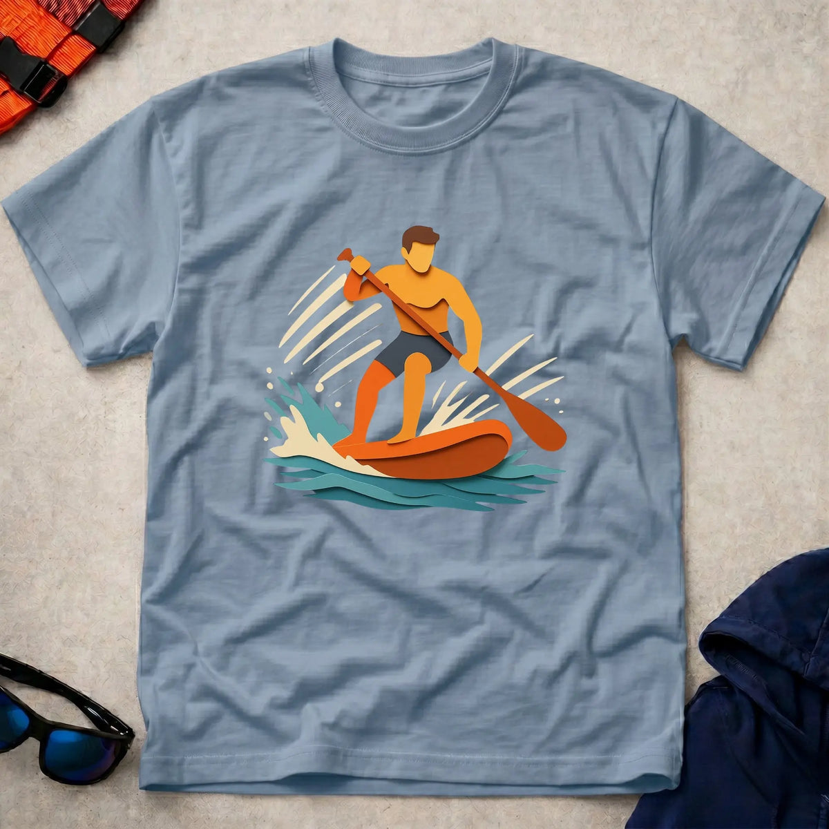 Cut Through tee in Light Blue — paper-cut stand-up paddleboarder in orange and teal — Vector Paddle