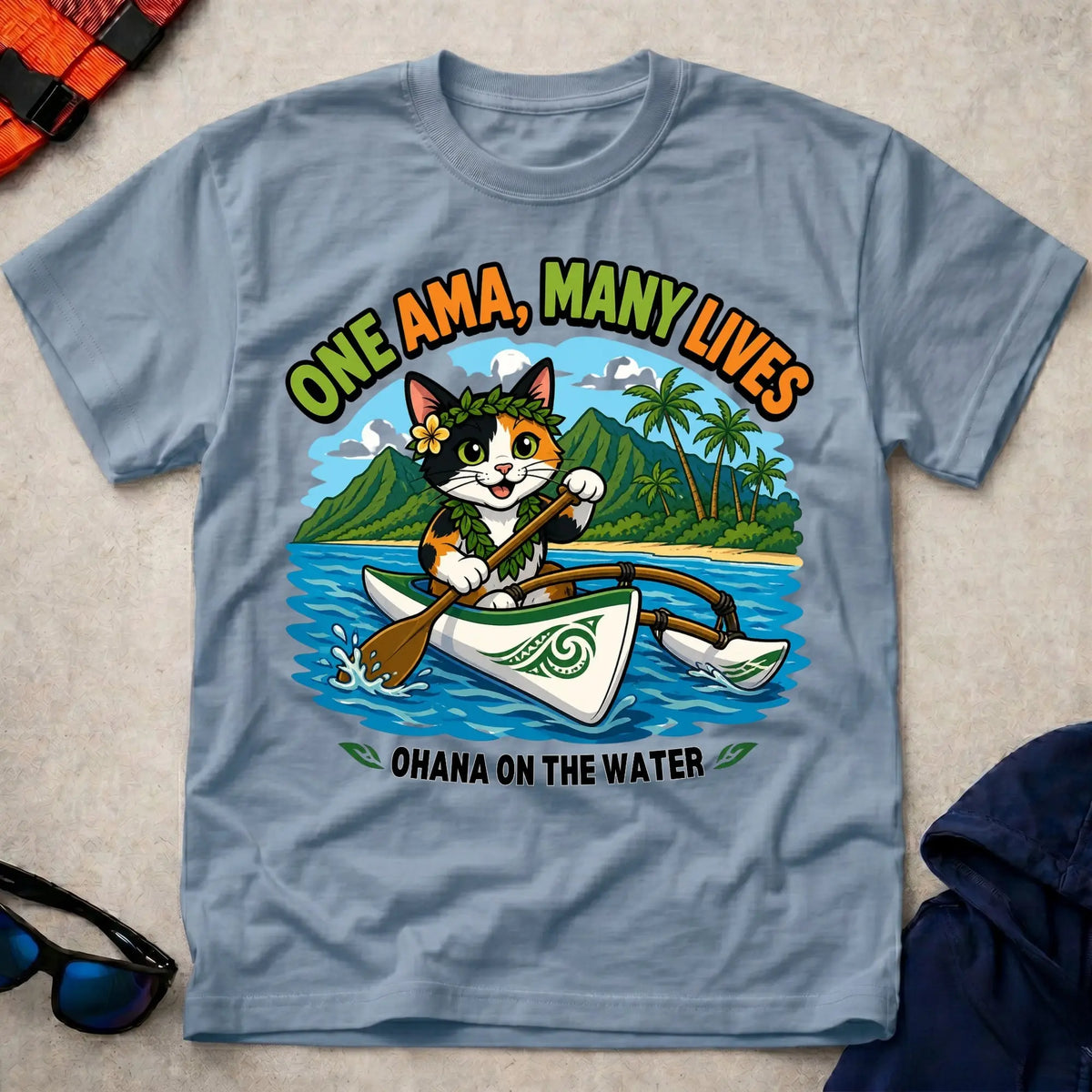 Light Blue One Ama, Many Lives tee — OC1 outrigger paddling gift — Vector Paddle